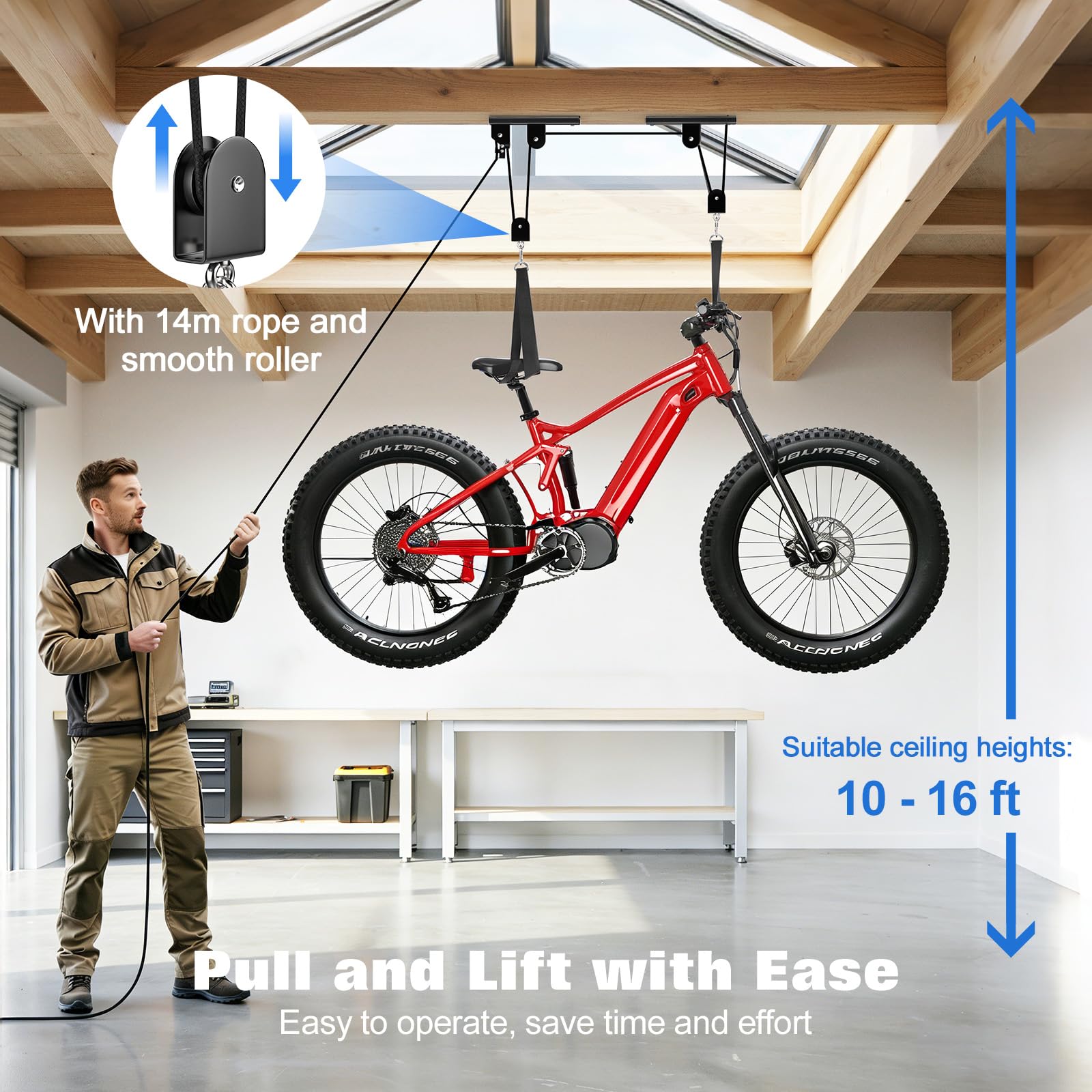 Housolution Sollevatore Biciclette, [1 Pz] Sistema Puleggia 88Lbs, Adatto Soffitti 10-16 Piedi, Sistema Stoccaggio Soffitto Robusto per Bici Strada, MTB, Fatbike, Ebike, Scale, Snowboard