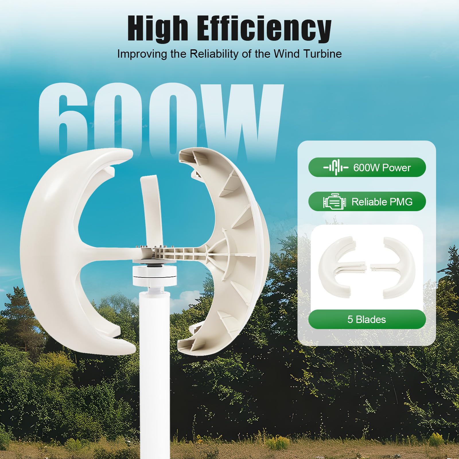 Éolienne verticale 12 V 600 W, 5 feuilles, lanterne, générateur d'éolienne avec contrôleur