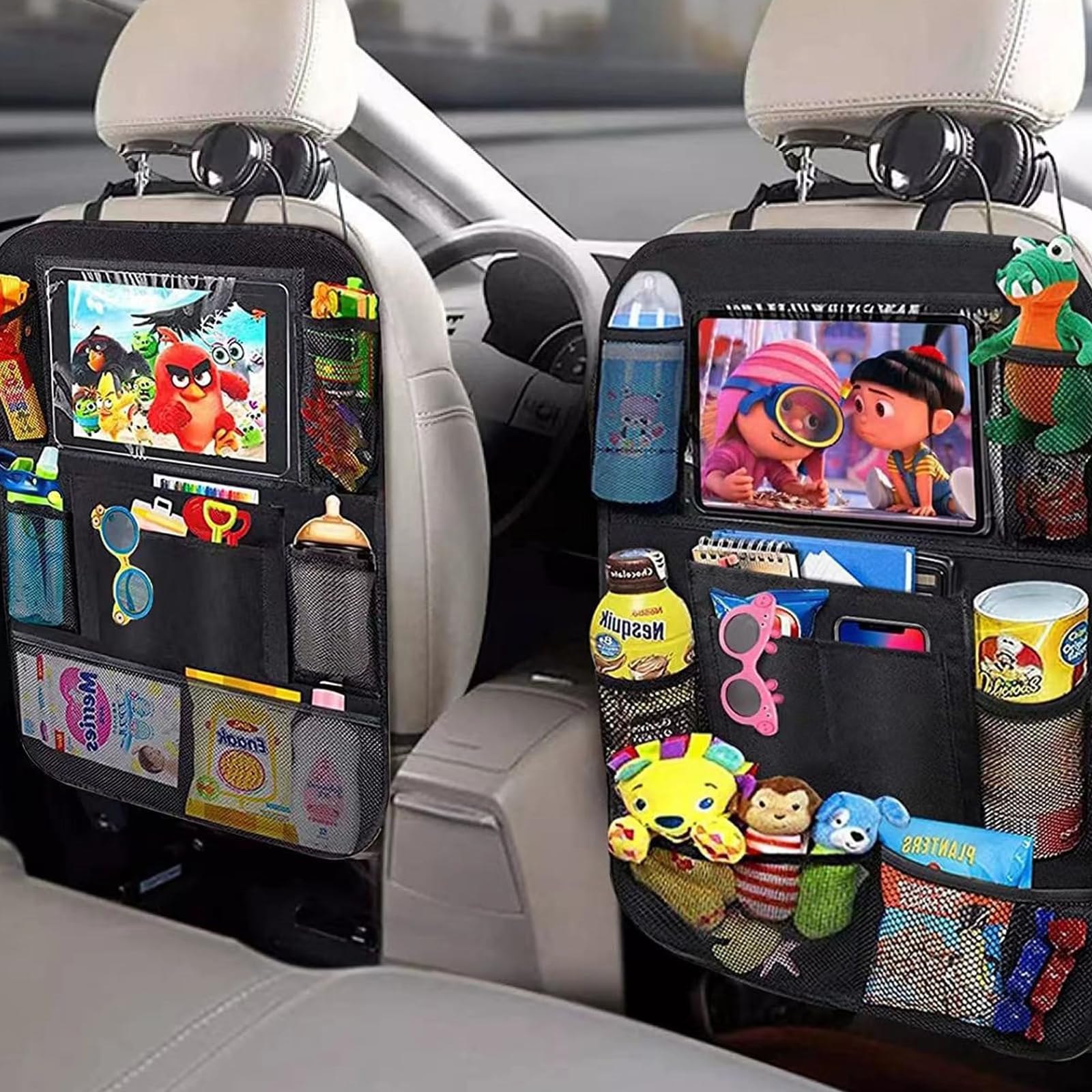 2 Pack Organizador de Asiento de Coche, Protectores de Asiento para Coche, Organizador Asiento Trasero Niños para Tablet iPad Para Almacenar Juguetes, Bocadillos Y Tazas En El Auto