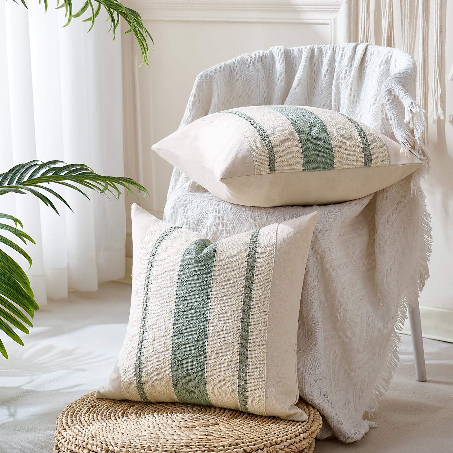 Set di 2 Boho Federe de Cuscini per Divano 40x40 Verde Salvia Moderno Fodere Cuscini Cotone e lino Macramè Cuscino Decorativo Quadrate Fodera per Cuscino per Divano Soggiorno Giardino