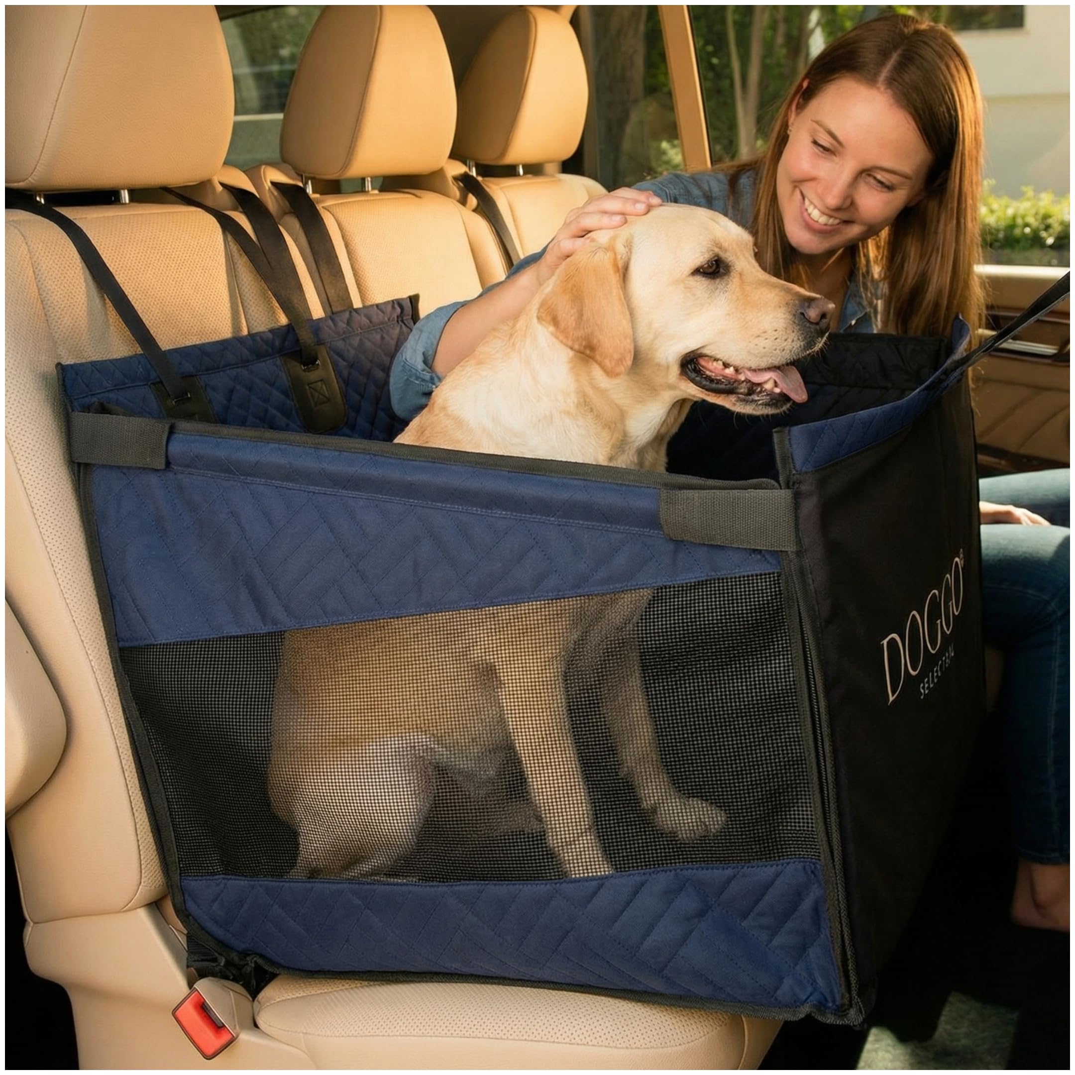 Premium Dog Car Seat & Back Seat – Waterproof & Non-Slip Travel Hammock with Storage Pockets | Secure & Comfortable Pet Seat Cover for Large & Medium Dogs – Fits Cars, SUVs & Trucks (Blue)