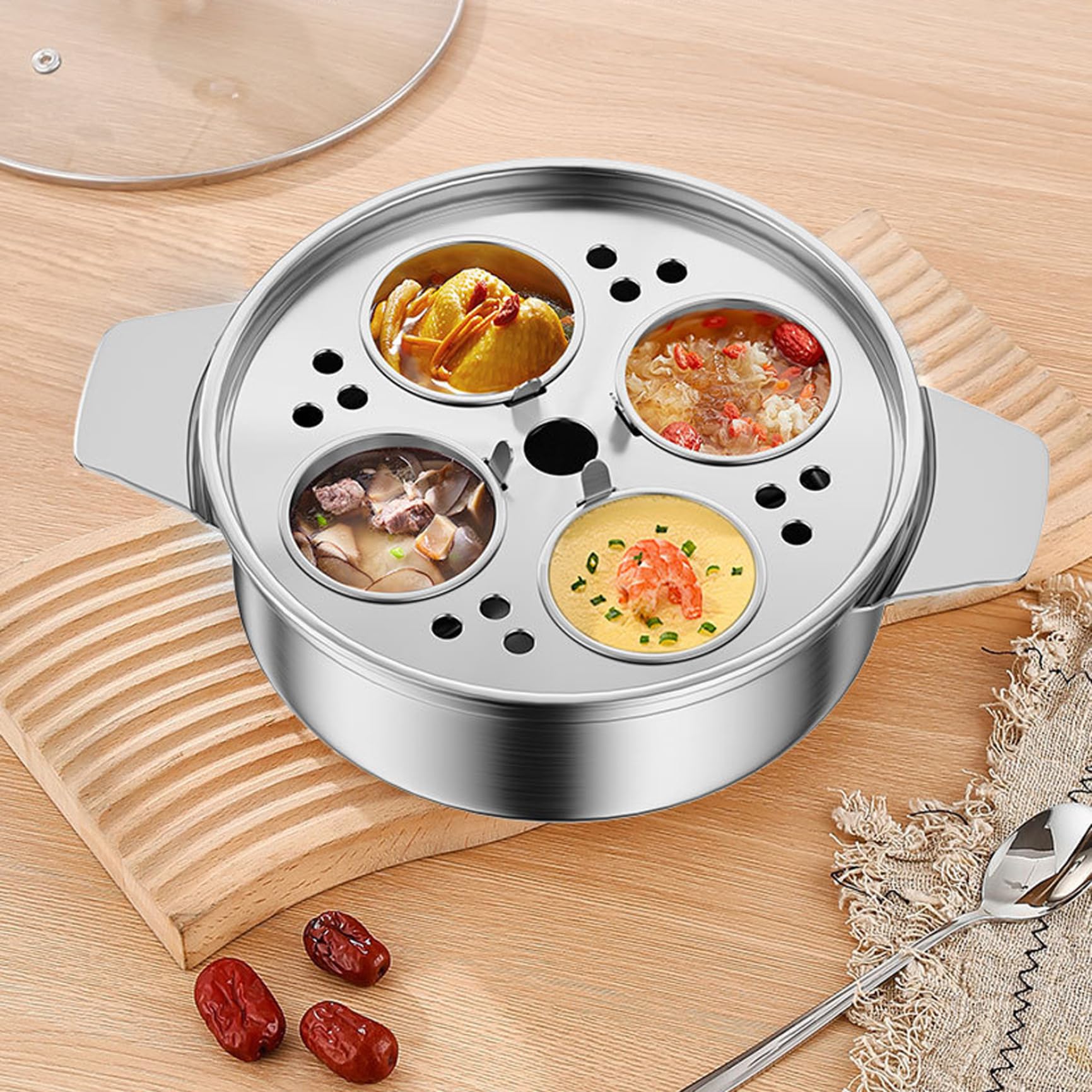 Huevo Poacher Maker de huevos escalfado de acero inoxidable con 4 tazas, olla de olla multipropósito antiadher