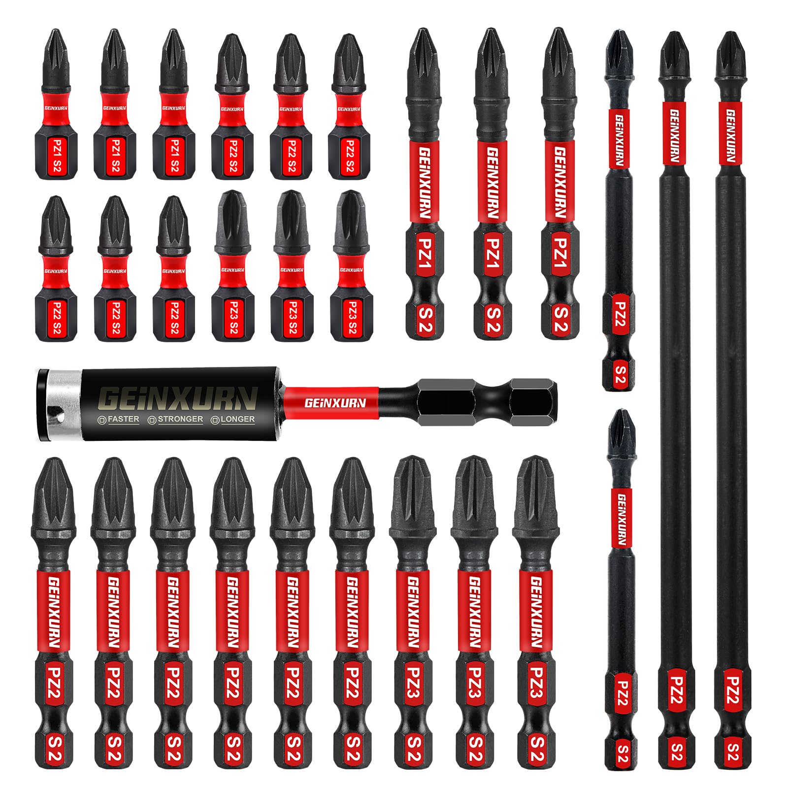 Geinxurn 28 Pieces PZ1 PZ2 PZ3 Impact Screwdriver Bit Set 25 mm 50 mm 75 mm 150 mm #1#2#3 Pozidriv