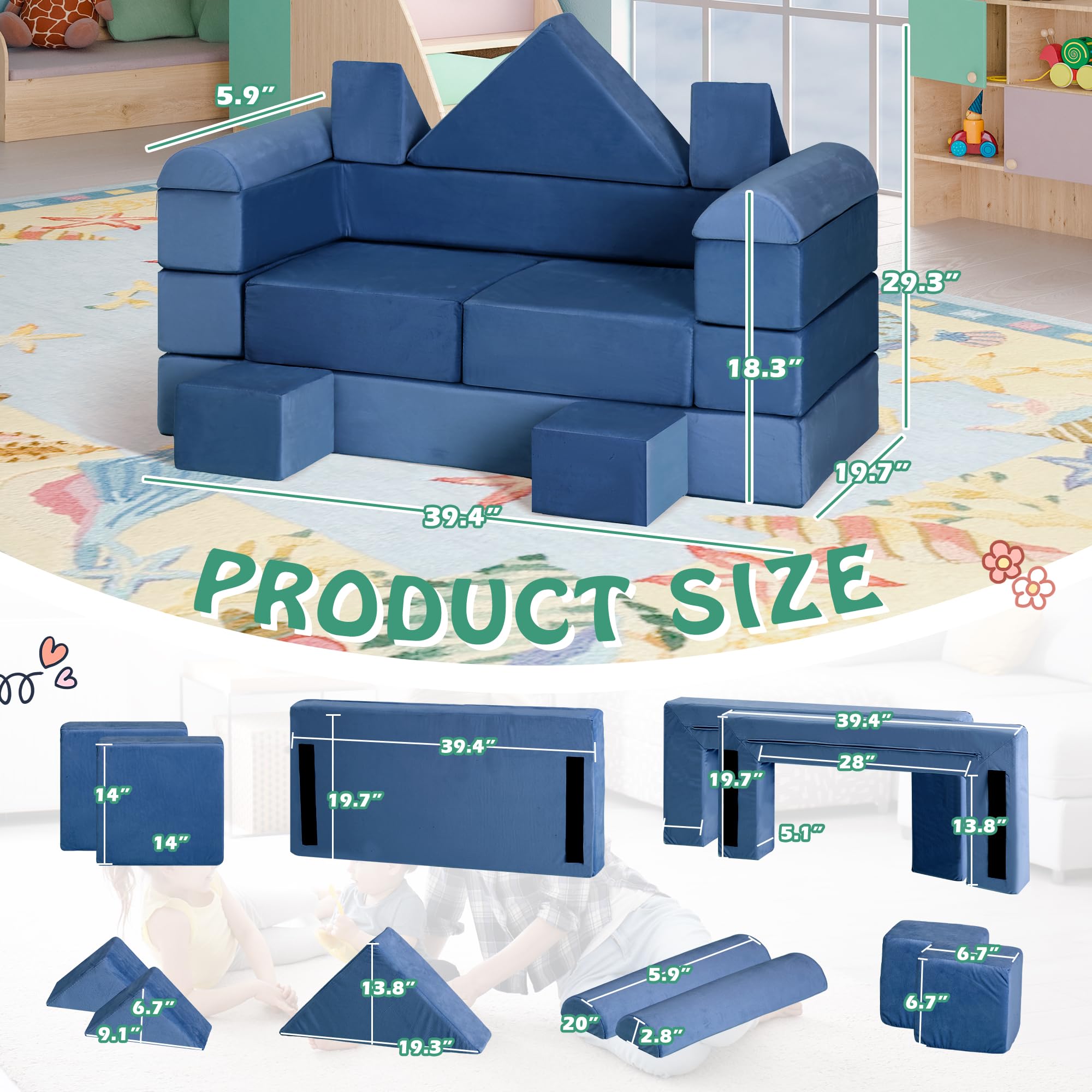 TITIMO 12Pcs Kids Modular Play Couch, Kids Sofa Couchs Toddler Couch, Convertible Foam Couchs Play Set for Creative Child, Kid Furniture for Playroom