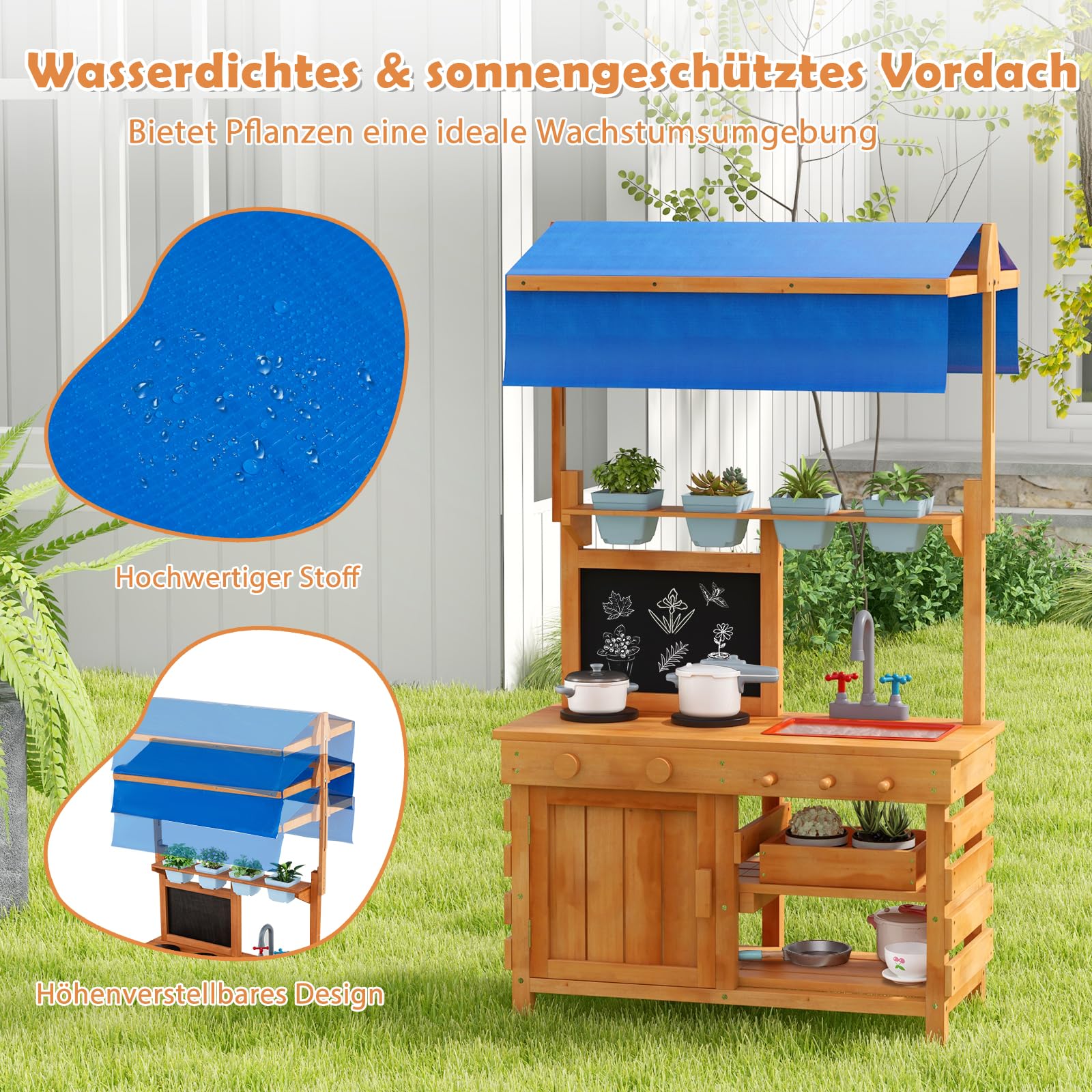 GOPLUS Matschküche Kinder Outdoor, Spielküche aus Tannenholz mit verstellbarem Baldachin, Spüle, 4 Töpfen, Stauraum & beschreibbarer Tafel, Kinderküche Gartenküche für Kinder ab 3 Jahren