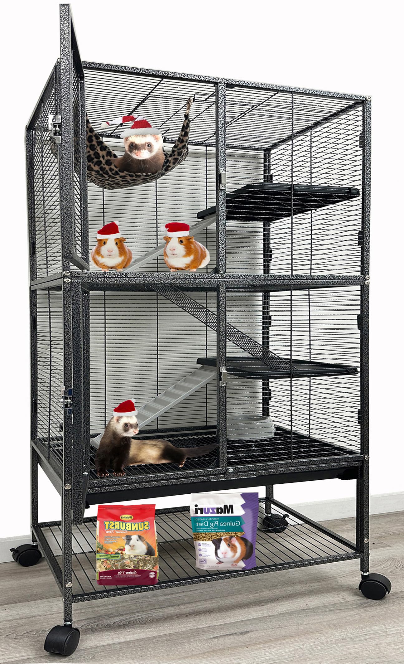 Deluxe-Doppeleinheit, 4 Etagen, 1,27 cm Stangenabstand, große Vordertüren, Wasserflasche, Futternapf, Feisty Frettchen, Hängematte, Eichhörnchen, Chinchilla, Ratte, Kleintiere, Rollkäfig