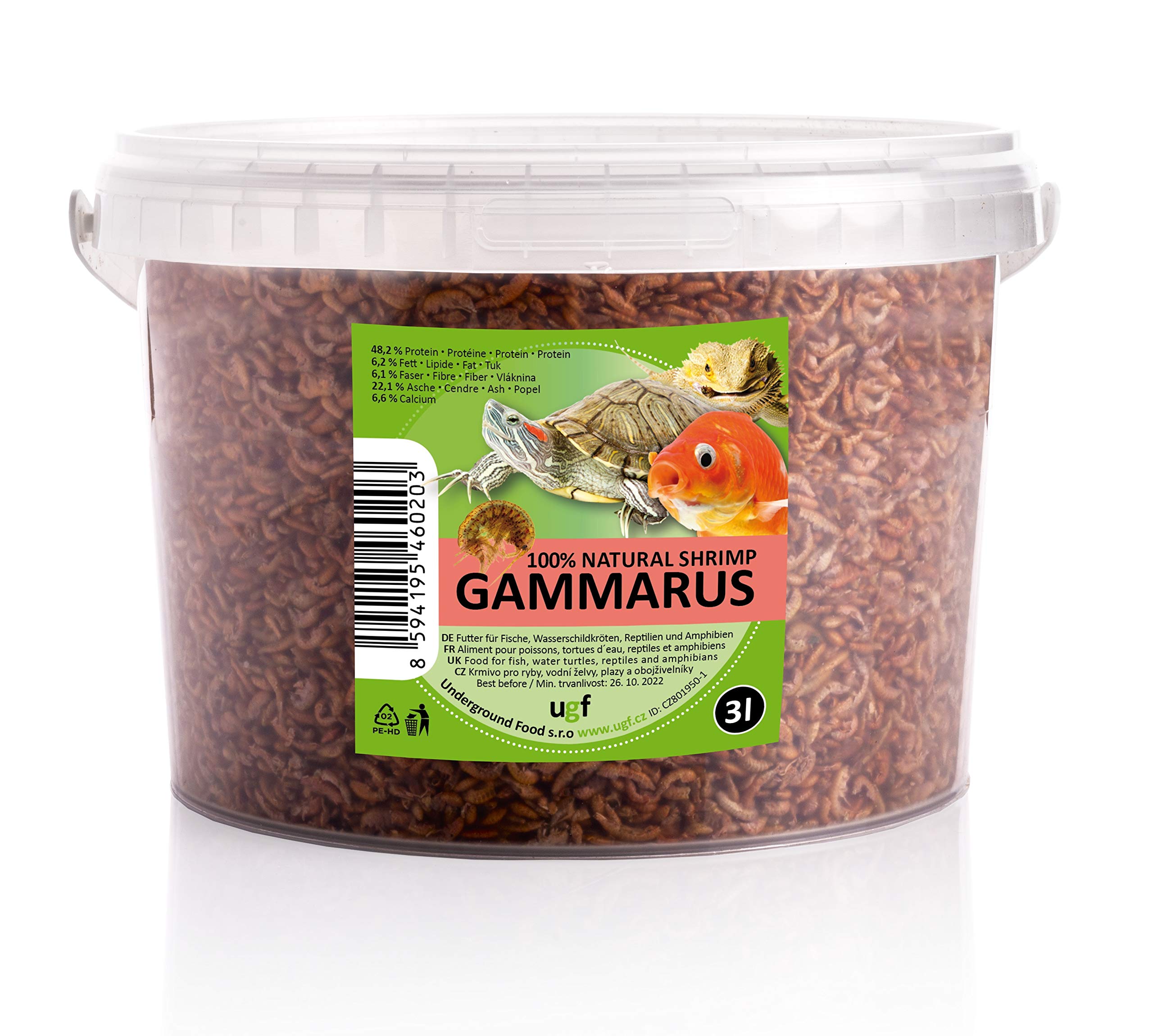 UGF - Premium Gammarus camarones de Agua Dulce Secos, Cubo de 3 litros, alimento para Tortugas, Peces de Acuario, ajolotes, Hamsters, erizos, koi, Ratas