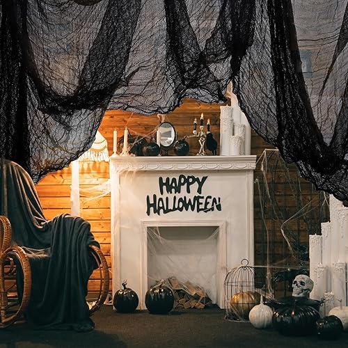 Miniatura 7 de Whaline Tela espeluznante negra de Halloween de 500 x 87 pulgadas, tela de gasa espeluznante para decoración de Halloween para casas embrujadas,