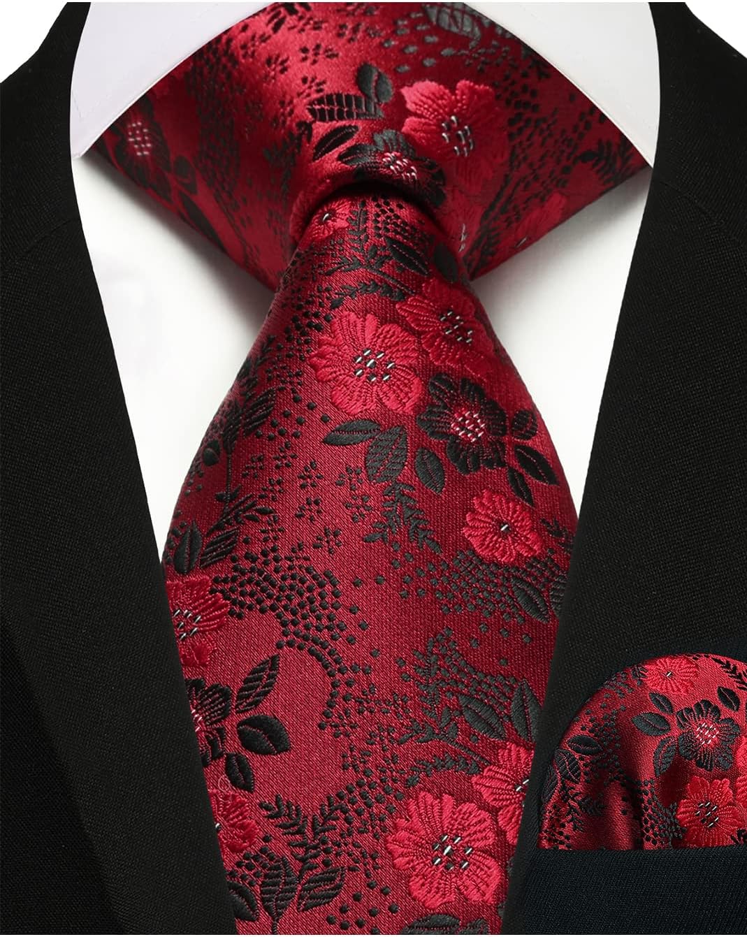 HISDERN Men Floral Ties Woven Classic 3.4" Necktie Set Formal Tie Pocket Square for Wedding with Handkerchief Gift Box - Image 9