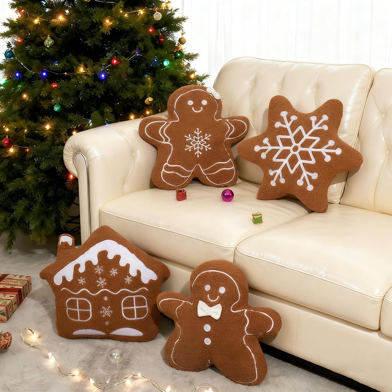 4 Pcs Christmas Throw Pillows Xmas Gingerbread Man Pillows Stuffed Snowflake Gingerbread House Shaped Pillow Cute Christmas Decorations Cushion for Xmas Winter Holiday Party Couch Sofa Bedroom?Brown?