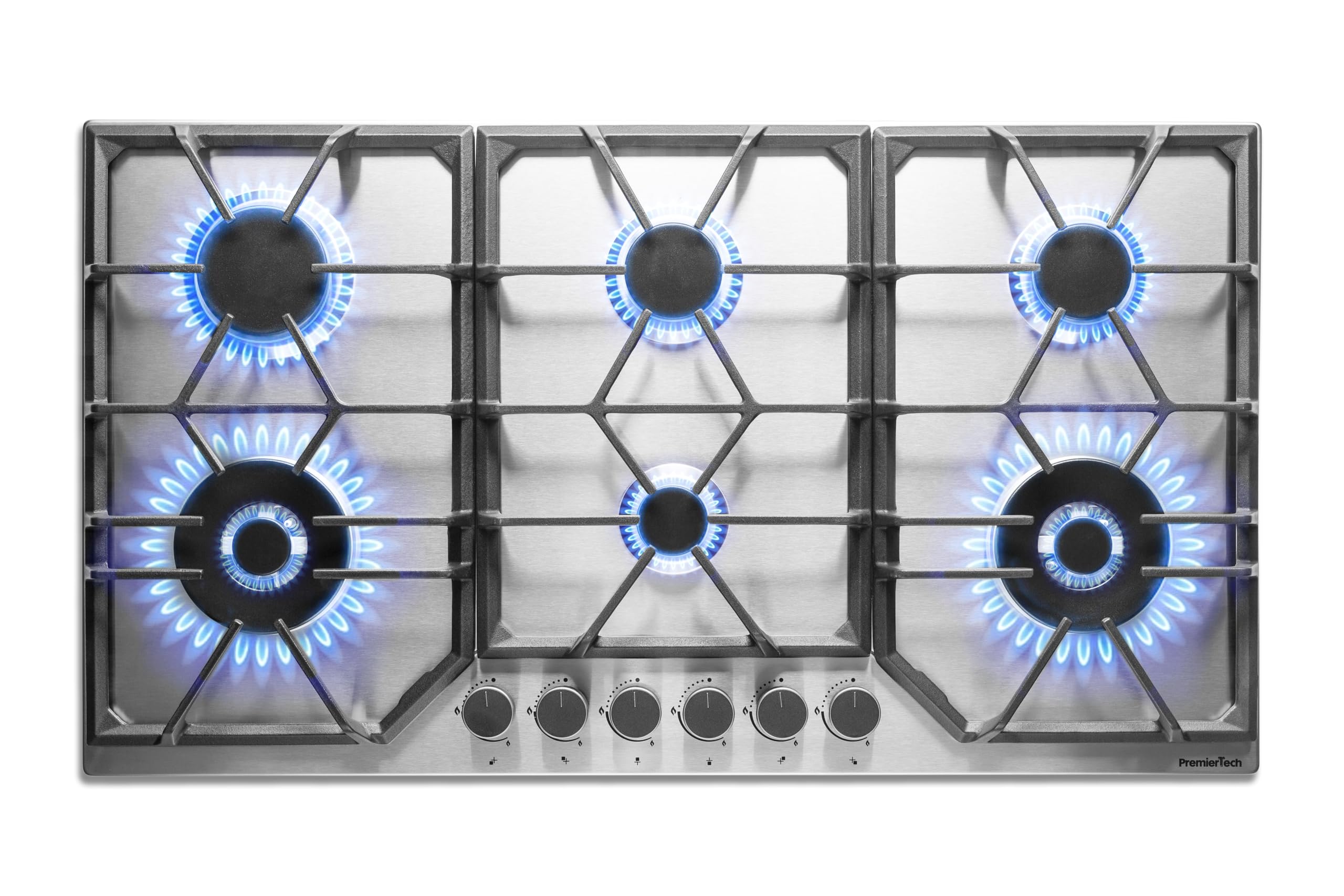 PremierTech Piano Cottura a Gas 6 fuochi, 90 cm, Acciaio Inox, Incasso 83 x 49cm, Doppio Bruciatore Wok, Supporti in Ghisa professionali, predisposto Metano e Kit Ugelli GPL inclusi, PC906
