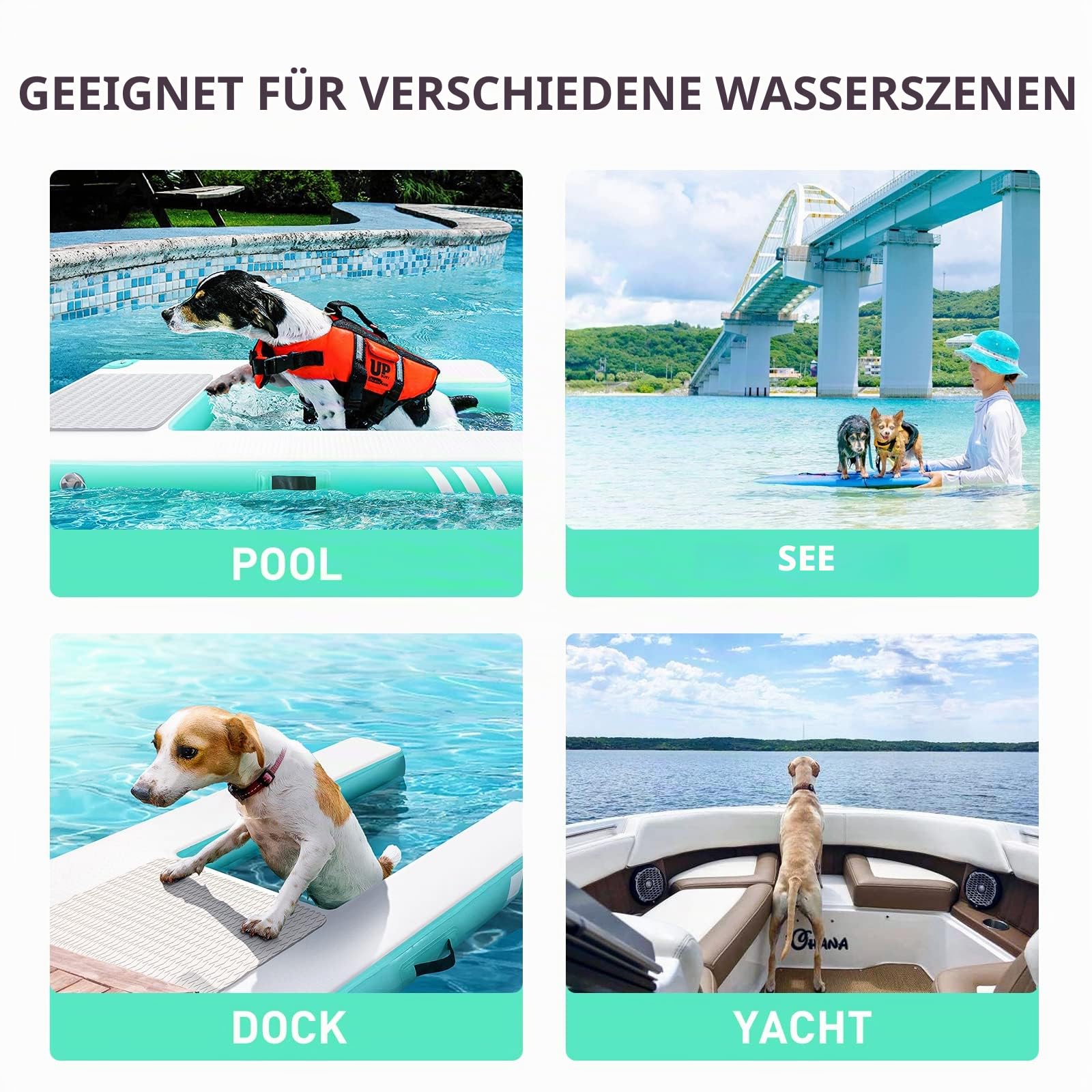 Aufblasbare schwimmende Rampe für große Hunde, zum Schwimmen für Haustiere bis zu 100 kg, aufblasbare Leitern für Boote, Stege, mit Pumpe/Seil/Reparaturset, rutschfestem PVC-Gewebe