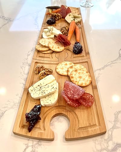Miniatura 5 de Juego de tablas de embutidos de bambú, diseño único de piezas de rompecabezas con soporte para copas de vino, tabla de quesos de charcutería,