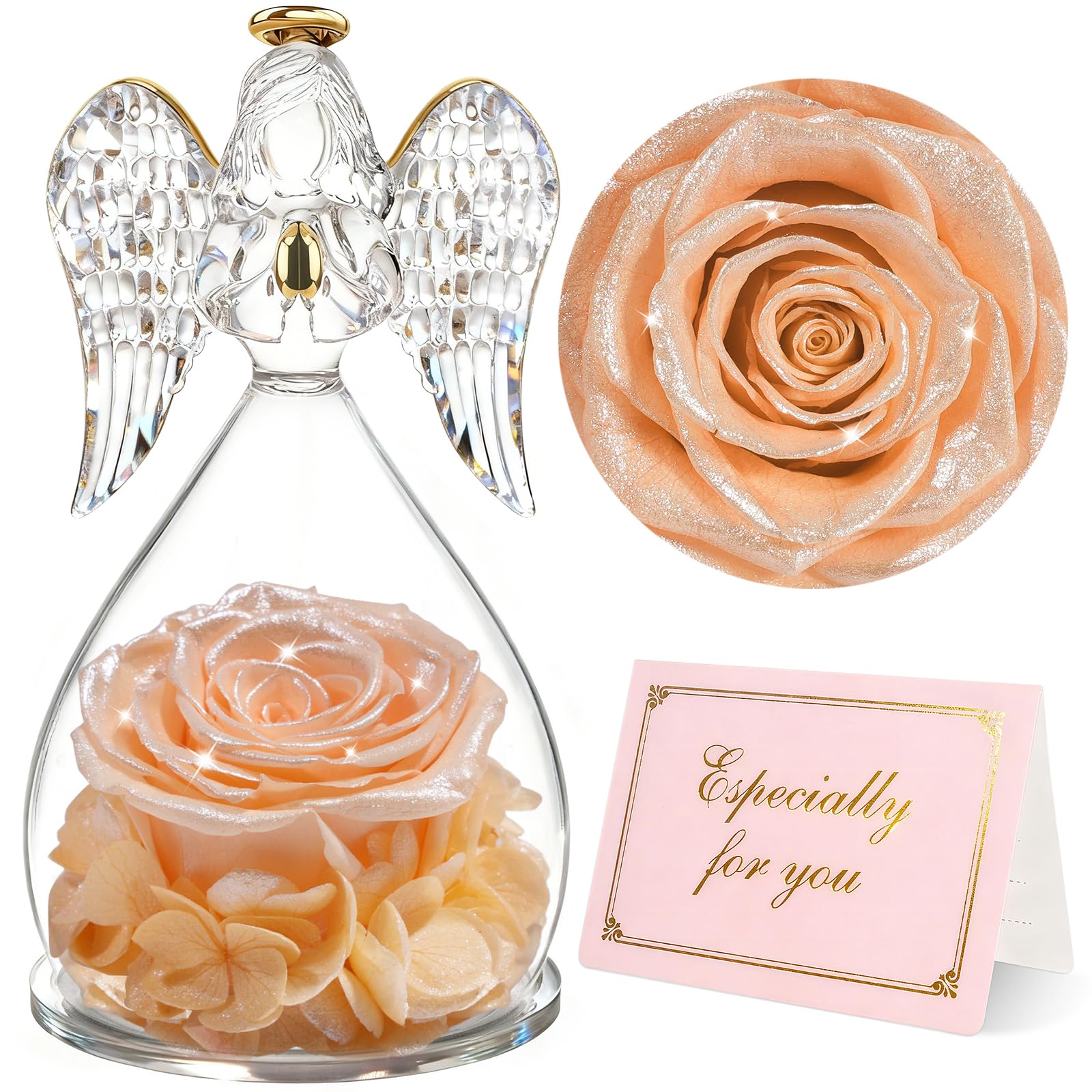 Eeuwige roos in engel glazen koepel, cadeau oma, Yamonic eeuwige bloem met engelfiguur, mama cadeau, beschermengel, verjaardagscadeau voor vrouwen, rode echte roos