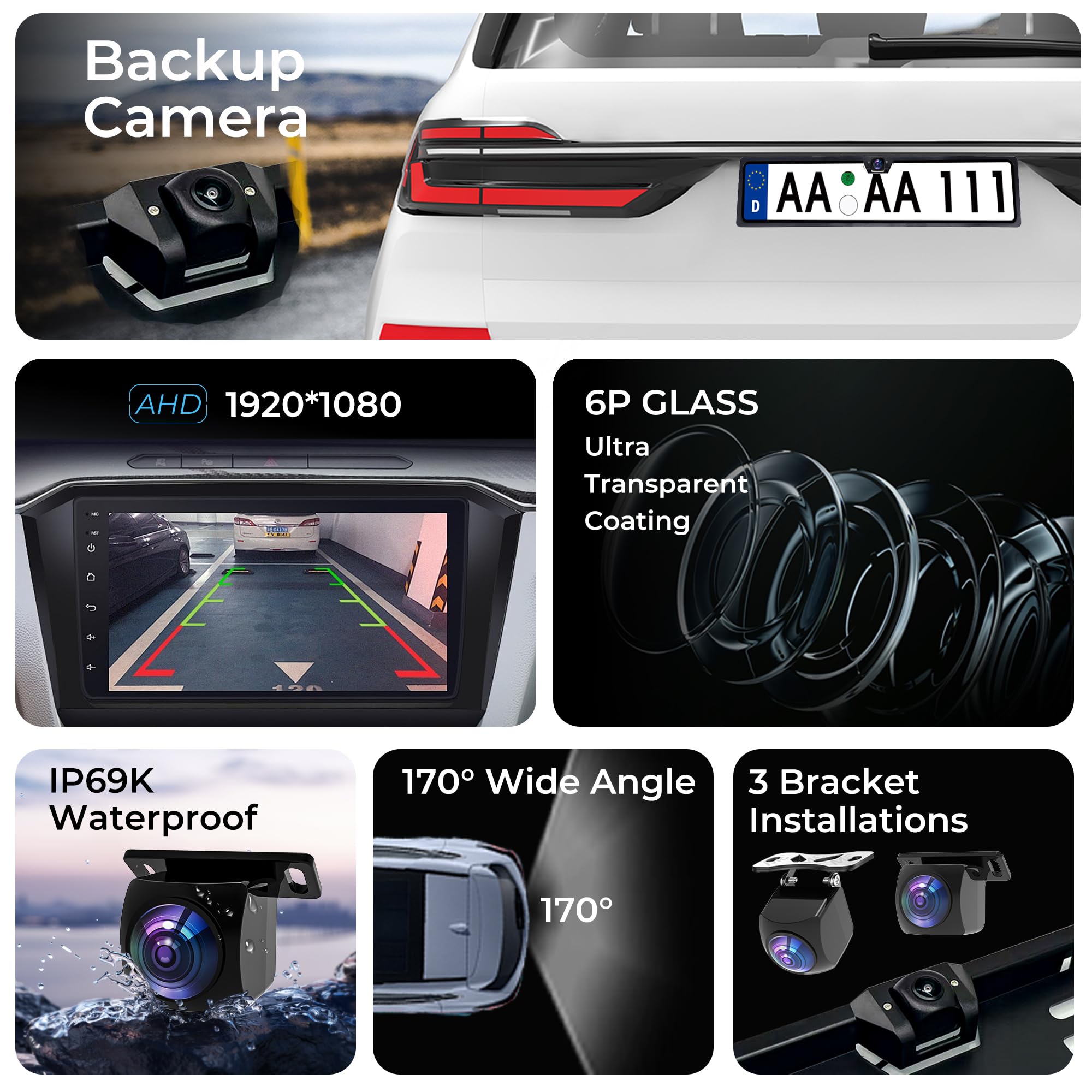 Rückfahrkamera AHD 1080P Rückfahrkamera Auto,Auto Rückfahrkameras Nachrüsten 170° Weitwinkel Nachtsicht IP69K wasserdichte,Universal Rückfahrkameras für Wohnmobil SUV Pickup Van