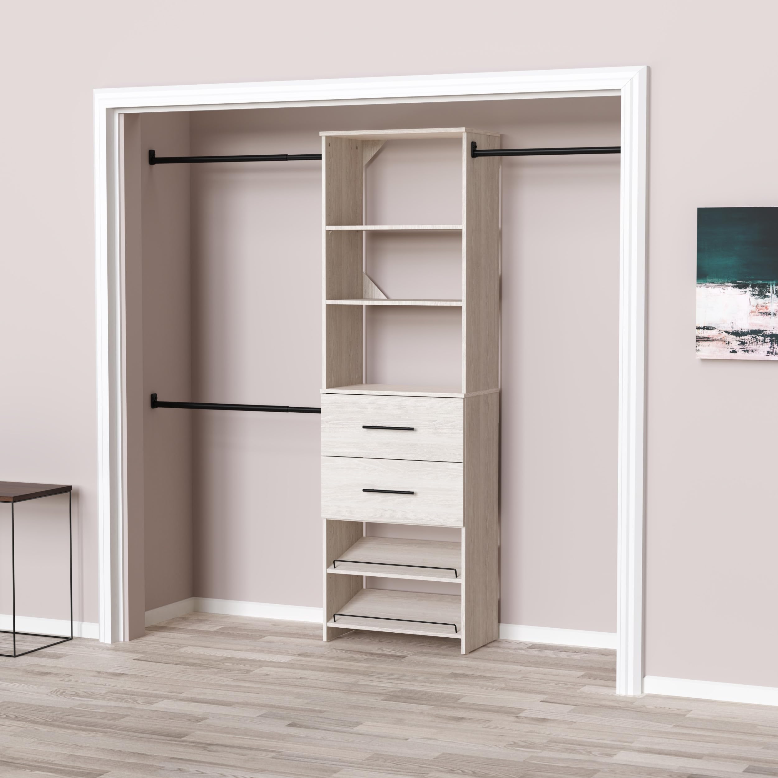 ClosetMaid SuiteSymphony 25-Inch Closet System Tower with (3) Hang Rods, (2) Drawers, and (2) Angled Shoe Shelves, White Timber