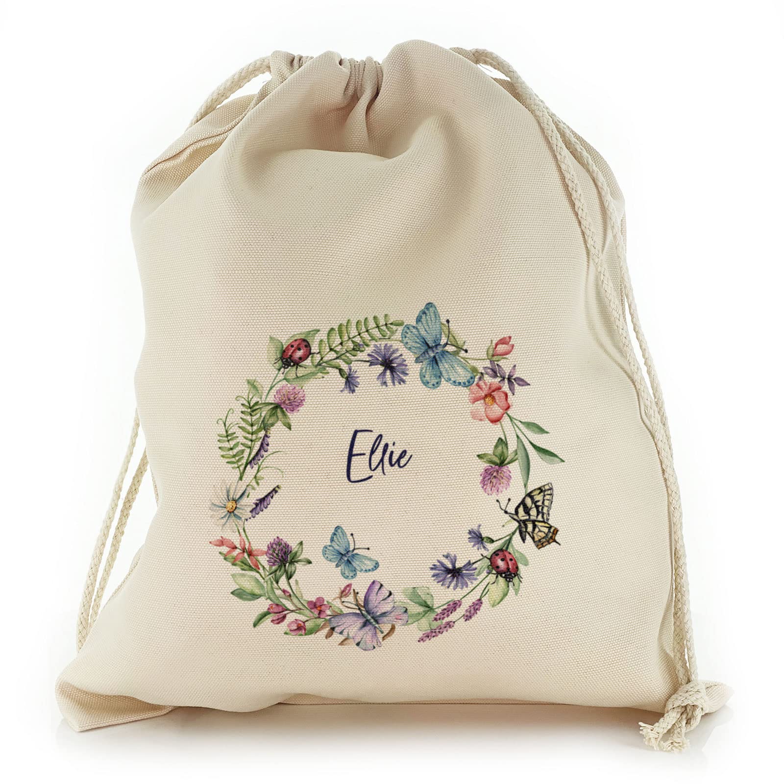 Personalised Gift Bag, Reusable, Floral Gift Bag, Garden Seed Storage Bag, Blue Butterfly Ladybird Daisy Wildflower Circle Design Drawstring Sack Customised with With Name, Sizes: XXS, XS, S, M, L, XL