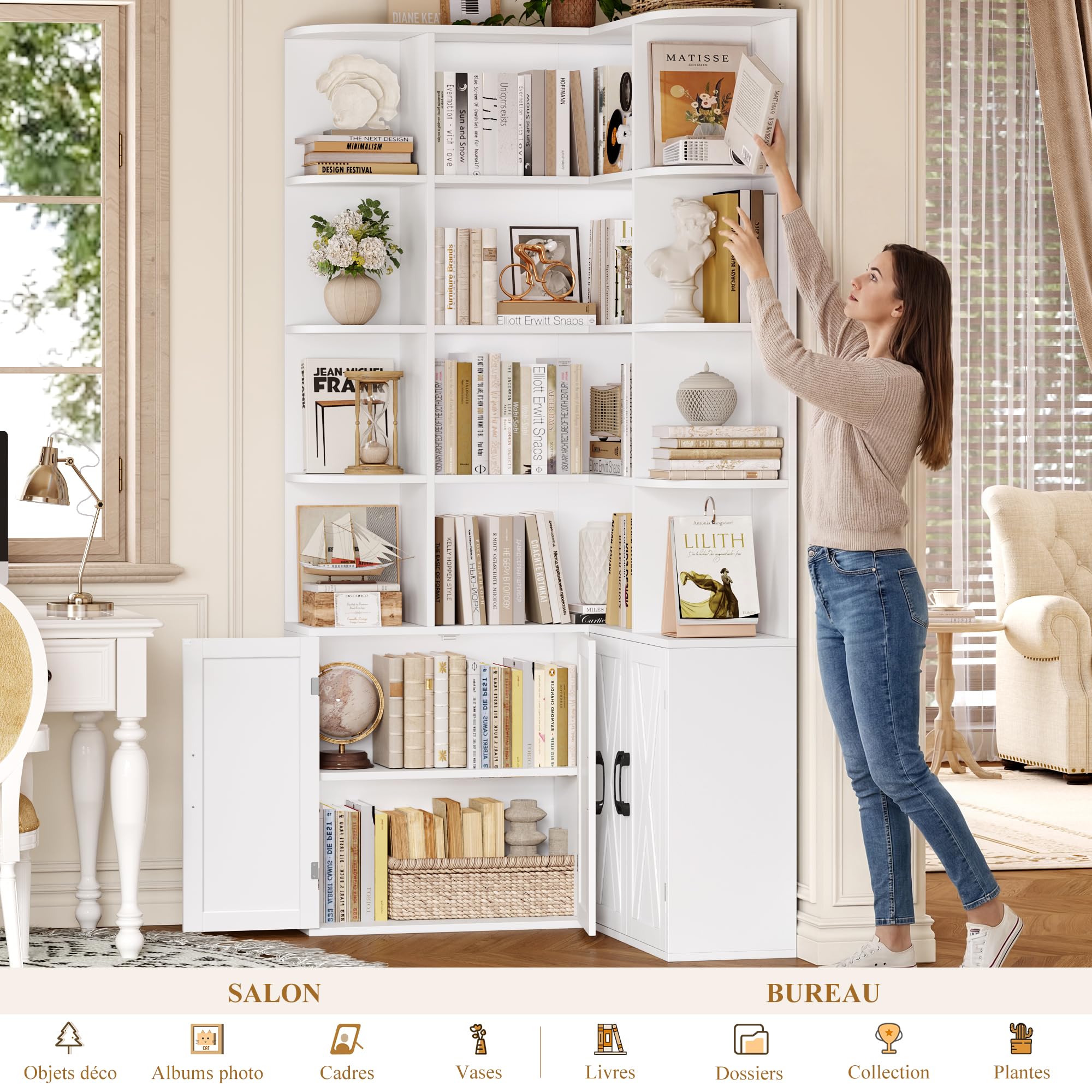 FirFurd Bibliotheque Angle 187cm Bibliothèque Meuble Rangement Blanc