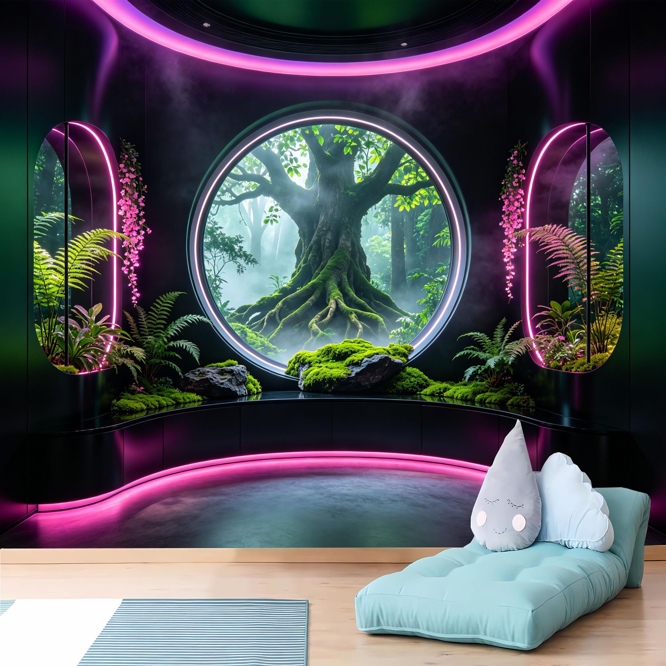 Custom Size Wall Murals 3D Misty Rainforest Tree Through Neon Round Window Wall Stickers Self-Adhesive Wall Fabric (NO PVC) Removable Wallpaper for Living Room