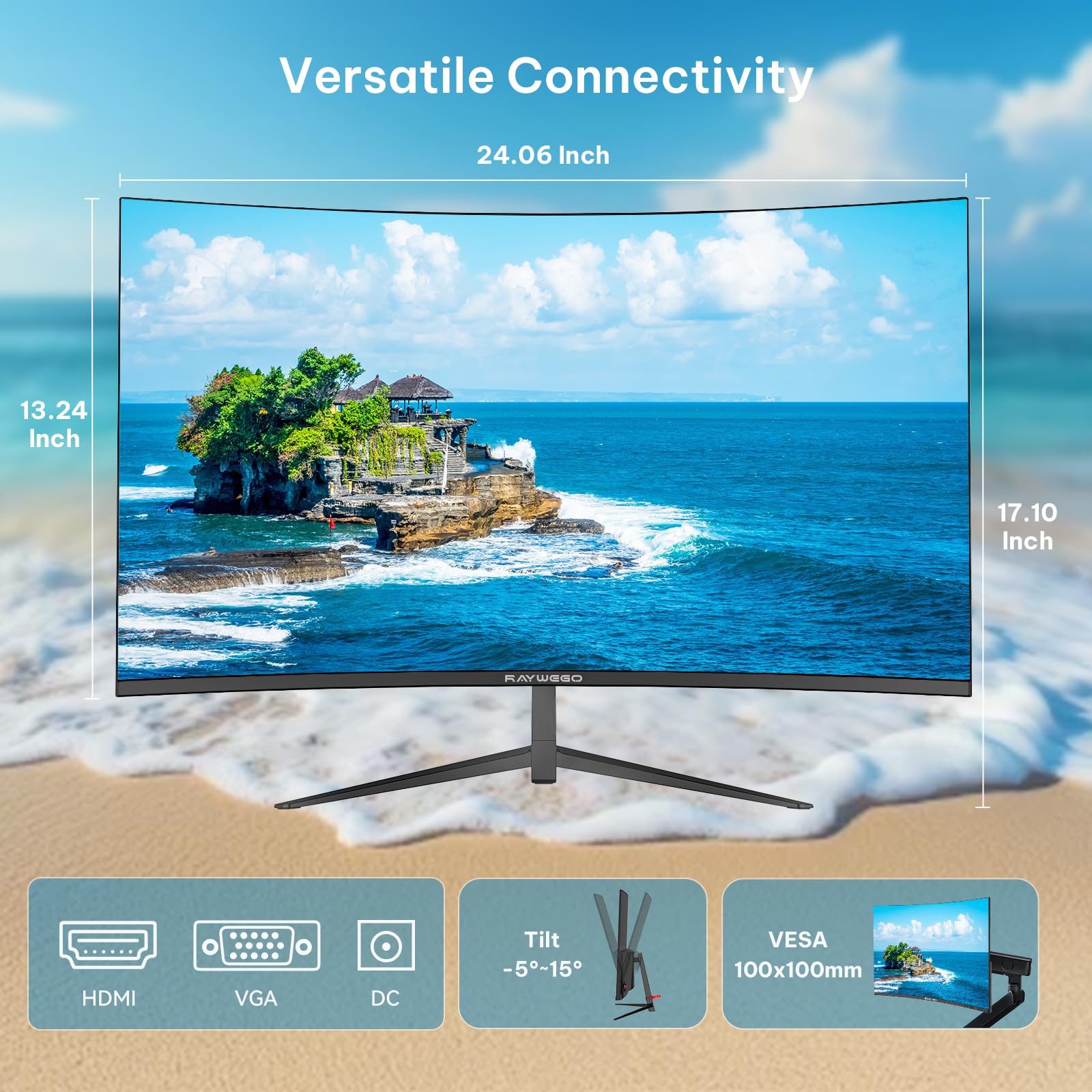 Raywego Monitor curvo da 27", 100 Hz, FHD 1080p, HDR, 99% sRGB, 1800R, compatibile VESA, per tablet, desktop, cornici strette su tre lati, filtro luce