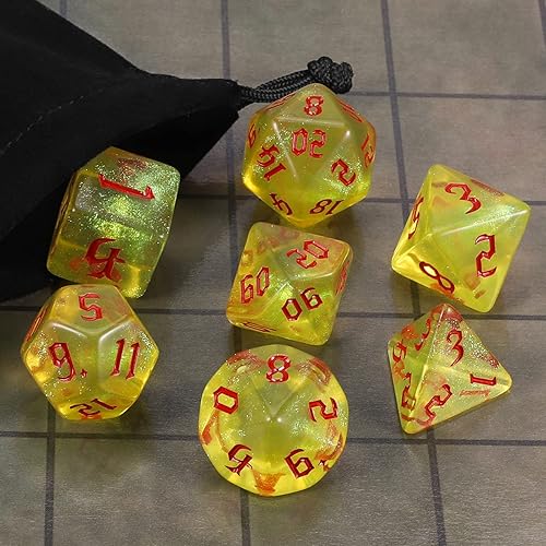 Miniatura 6 de CiaraQ DND - Juego de dados poliédricos con bolsa de dados para mazmorras y dragones, juegos de rol MTG (amarillo + purpurina + fuente roja, 7)