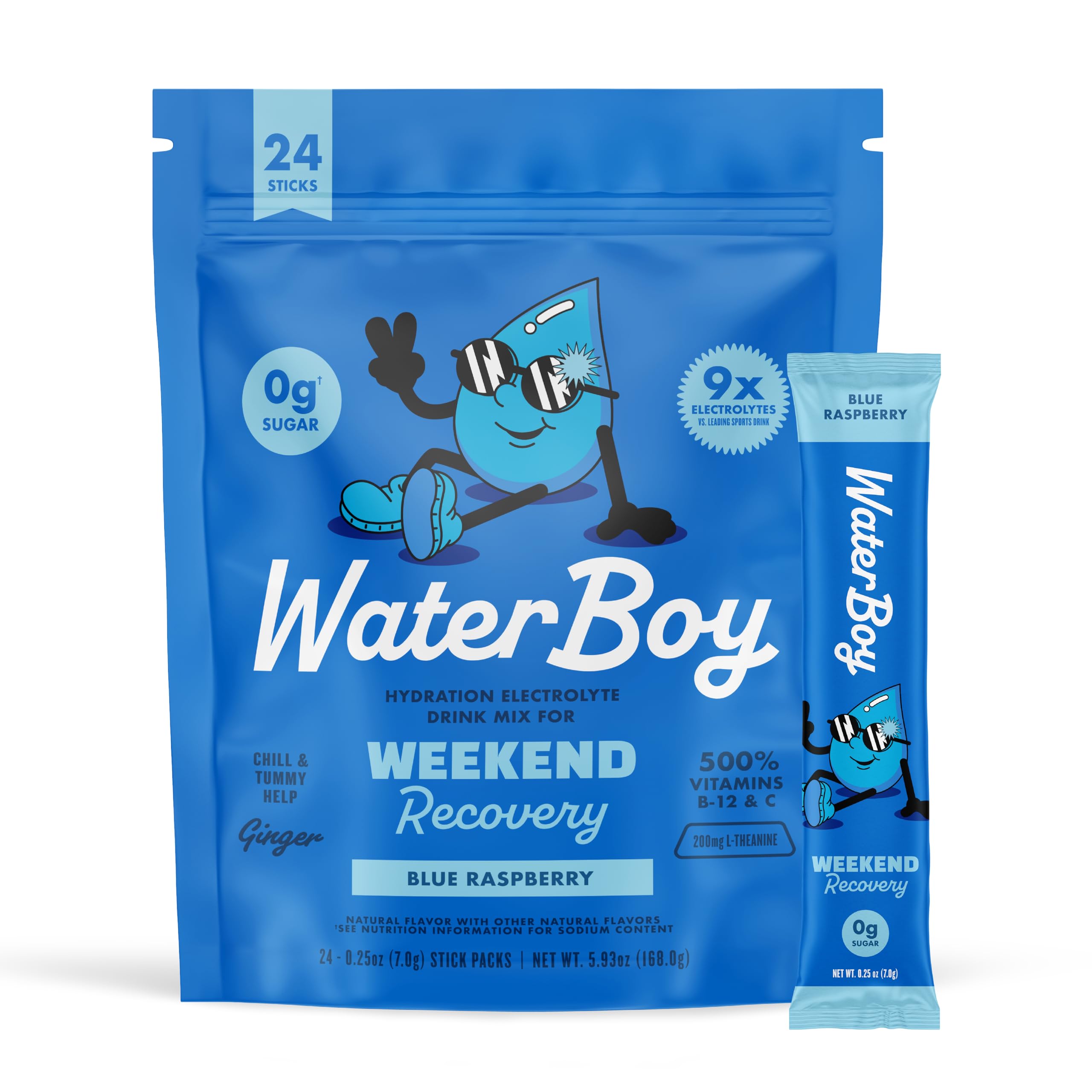 Waterboy Weekend Recovery | 3,200mg Electrolyte Powder Packets | Ginger + L-Theanine + Vitamins | No Sugar, All Natural, Gluten Free | 24 Drink Stick Mixes (Blue Raspberry)