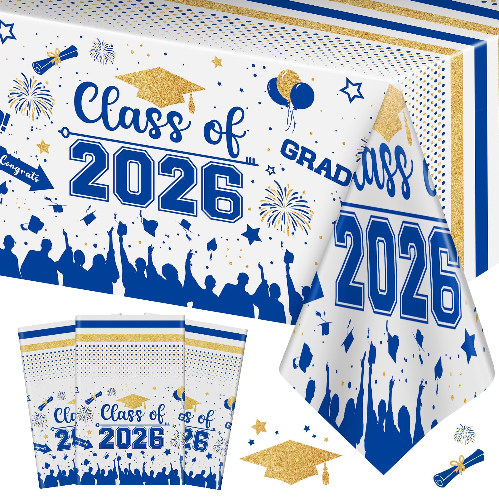 Graduation Decorations Class of 2023 Tablecloth - 3 Pcs Plastic Congrats Grad Table Cloth, Graduation Table Cover for Graduation Party Decorations 2023 and Party Supplies, 54"x108" (Blue and Gold)