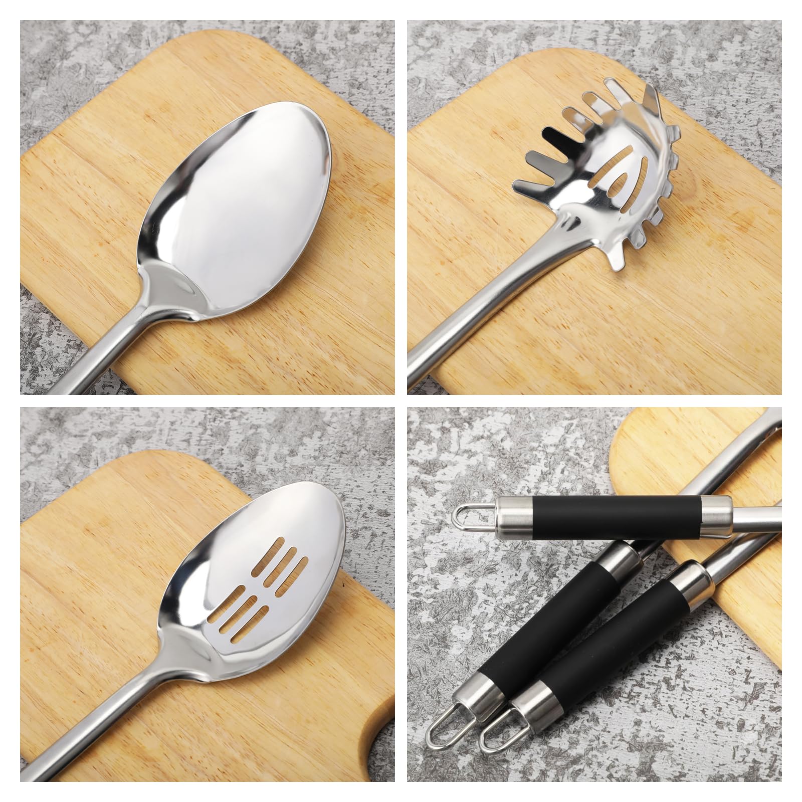 3-częściowy zestaw łyżek do serwowania ze stali nierdzewnej z łyżką cedzakową, łyżką do serwowania i łyżką do spaghetti, zestaw przyborów kuchennych do gotowania, łyżka do gotowania.