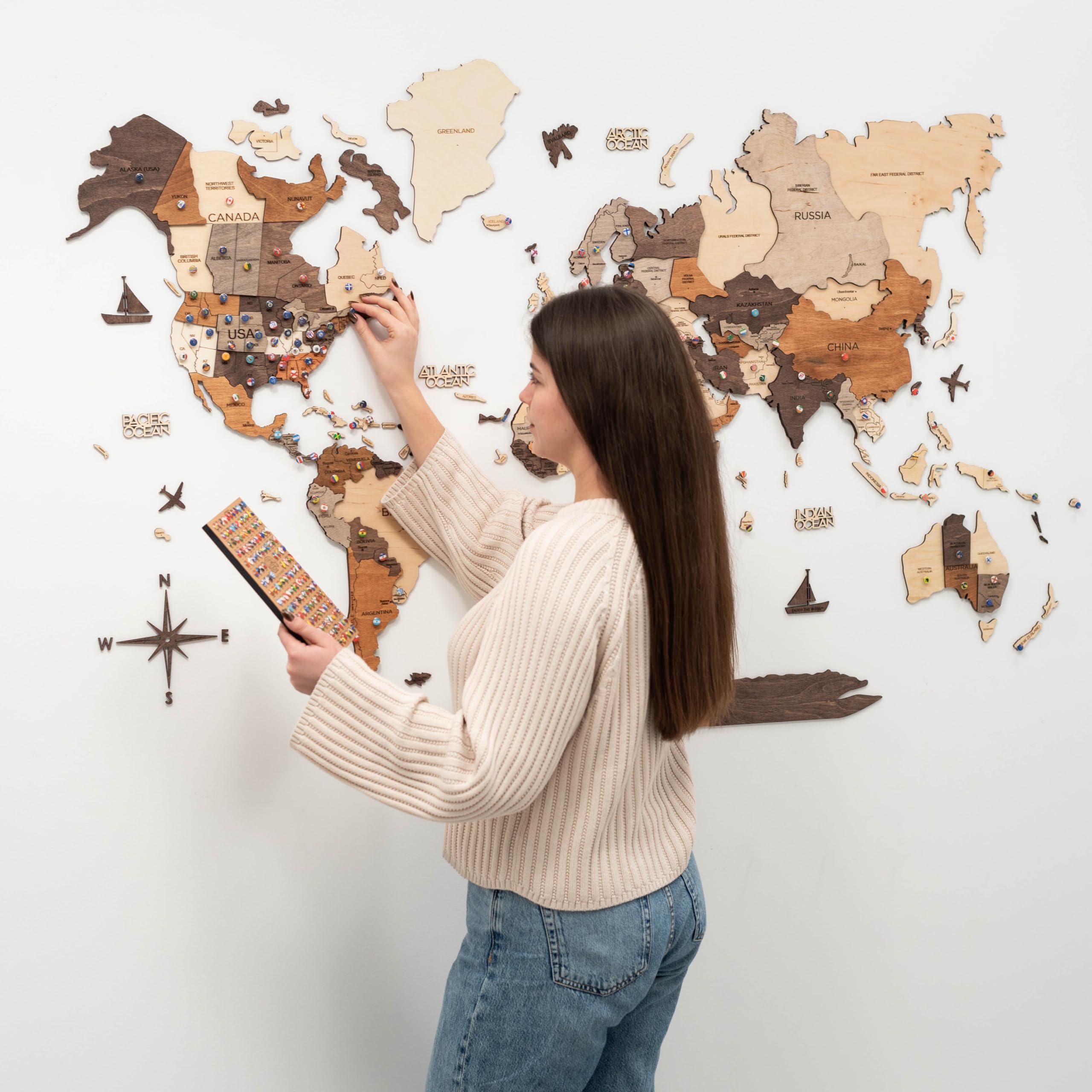 ENJOY THE WOOD 3D Wood World Map Wall Art Large Wall Décor - World Travel Map - Any Occasion Gift Idea - Wall Art For Home & Kitchen or Office (Small, Multicolor)