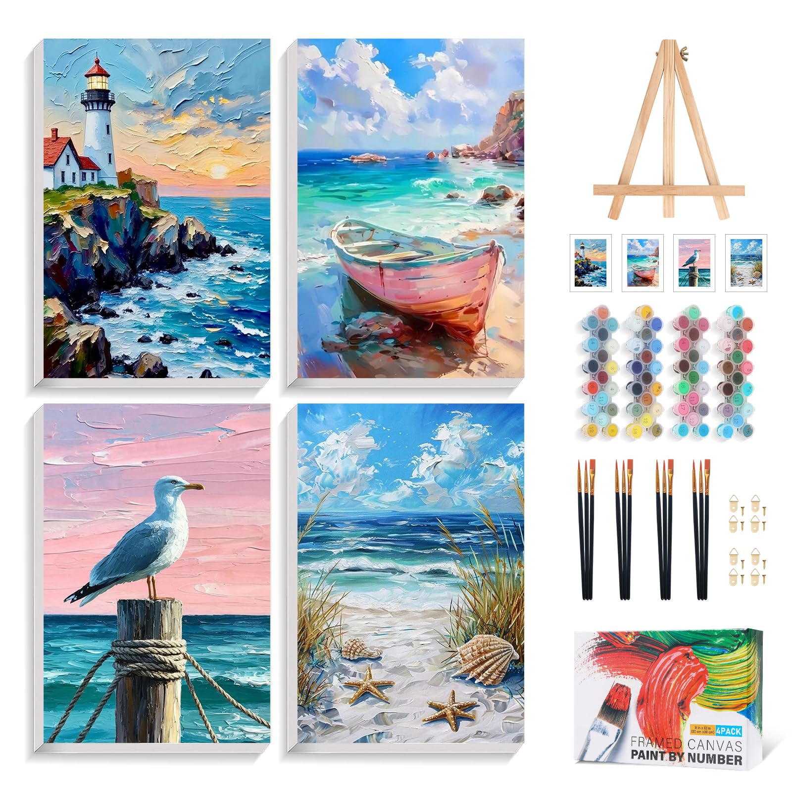 Beach Paint by Numbers for Adults with Frame, Easel, 8x12in, 4 Pack