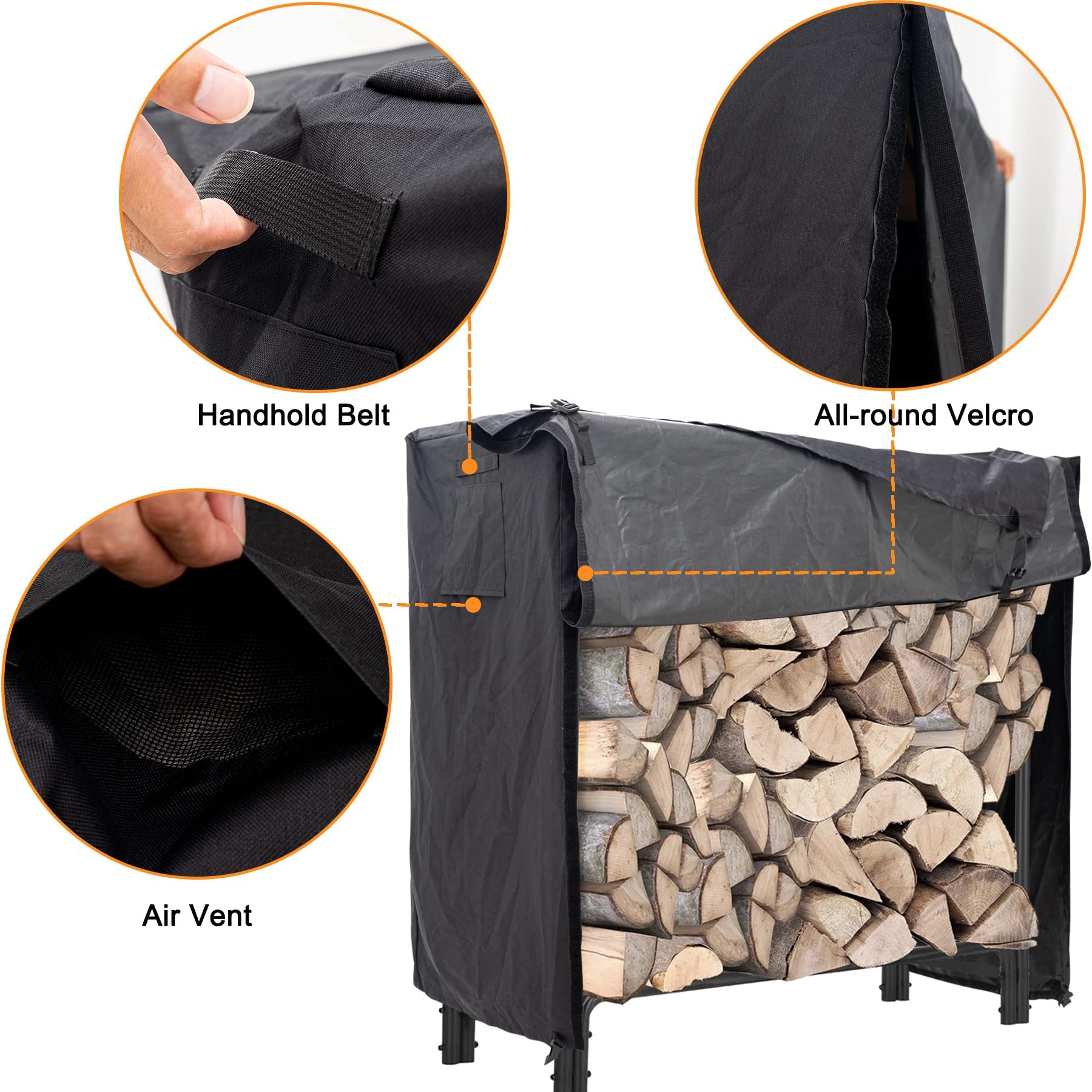 Coverify Firewood Log Rack Cover, Heavy Duty Waterproof 600D Oxford Fabric, Outdoor Log Storage Rack Cover, 4-Feet Fire Wood Protection Cover for Wood Logs, Weatherproof UV Protection, Black - Image 2