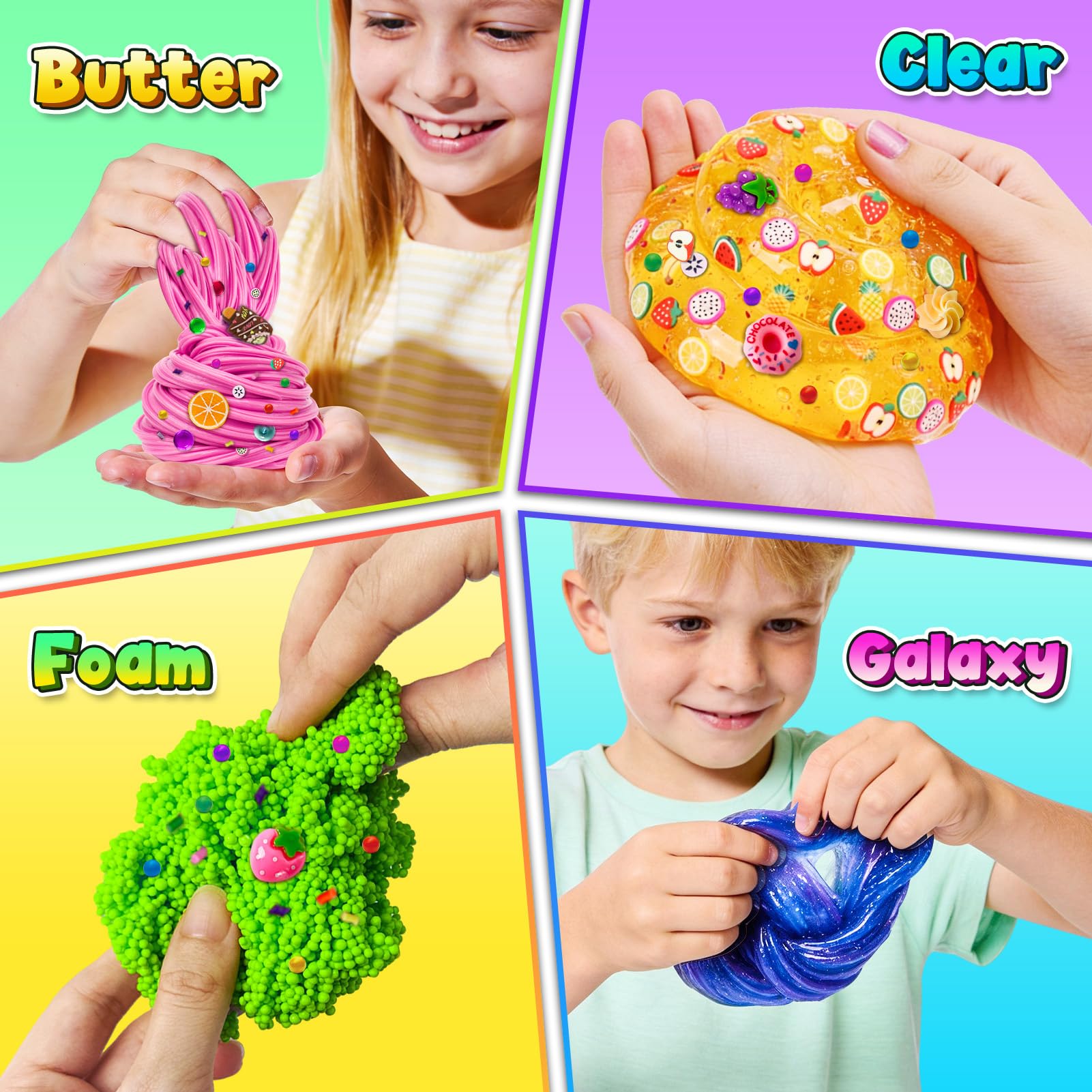 Kit de Slime 32 Pièces pour Filles et Garçons - Slime Prêt à l'emploi pour Enfants, Ensemble DIY pour Fêtes avec 4 Types de Slime Clear, Butter, Galaxy, Foam, Ajouts, Cadeaux pour Âges 3 à 12