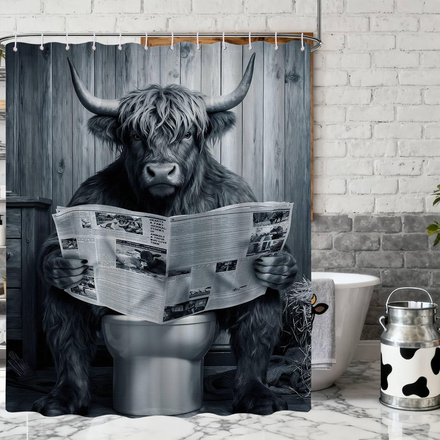 Funny Highland Cow Shower Curtain Fun Farm Animal Cow Country Shower Curtain for Mens Bathroom Decor Sets, Waterproof Cloth Fabric with Hooks, 108x72 Inch