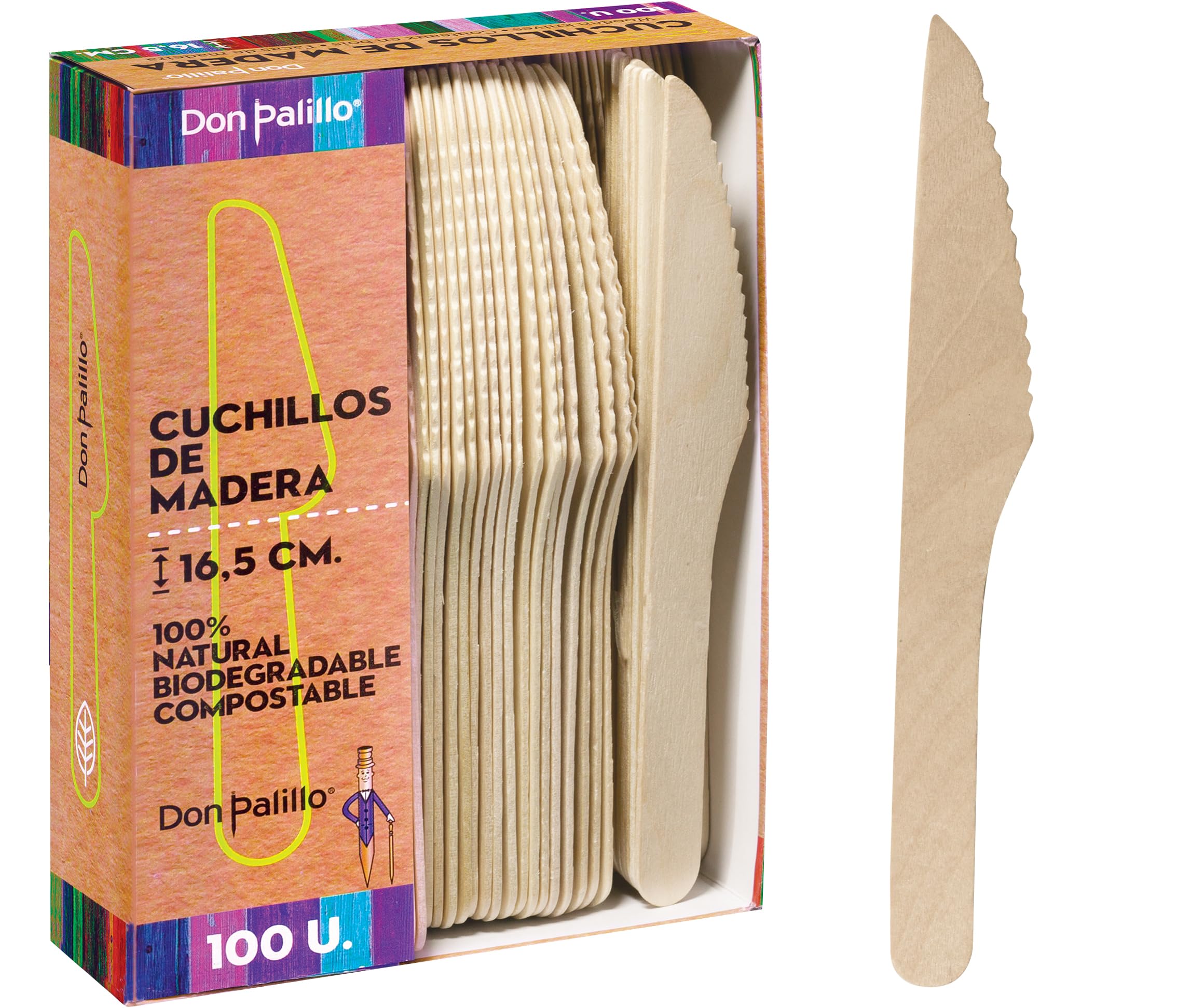 100 coltelli monouso in legno da 16,5 cm. 100% naturale, ecologico e biodegradabile