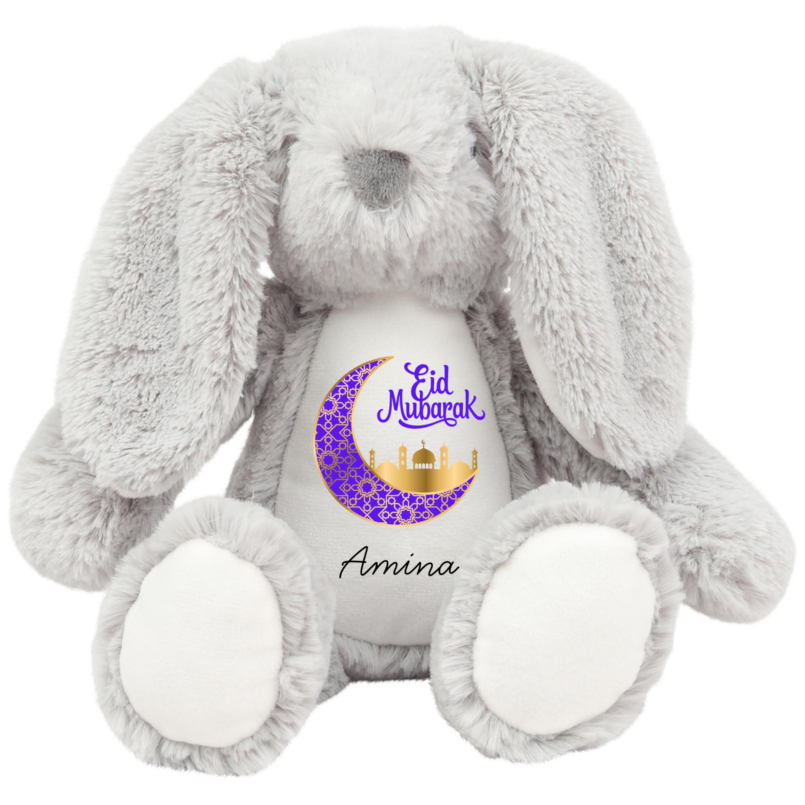 HotScamp Eid Gift Cuddly Toy - Personalised Eid Mubarak Purple Moon Customised Teddy Kids Plush Named Ramadan My First Muslim Islamic Baby Child Soft Plushie - Grey Bunny