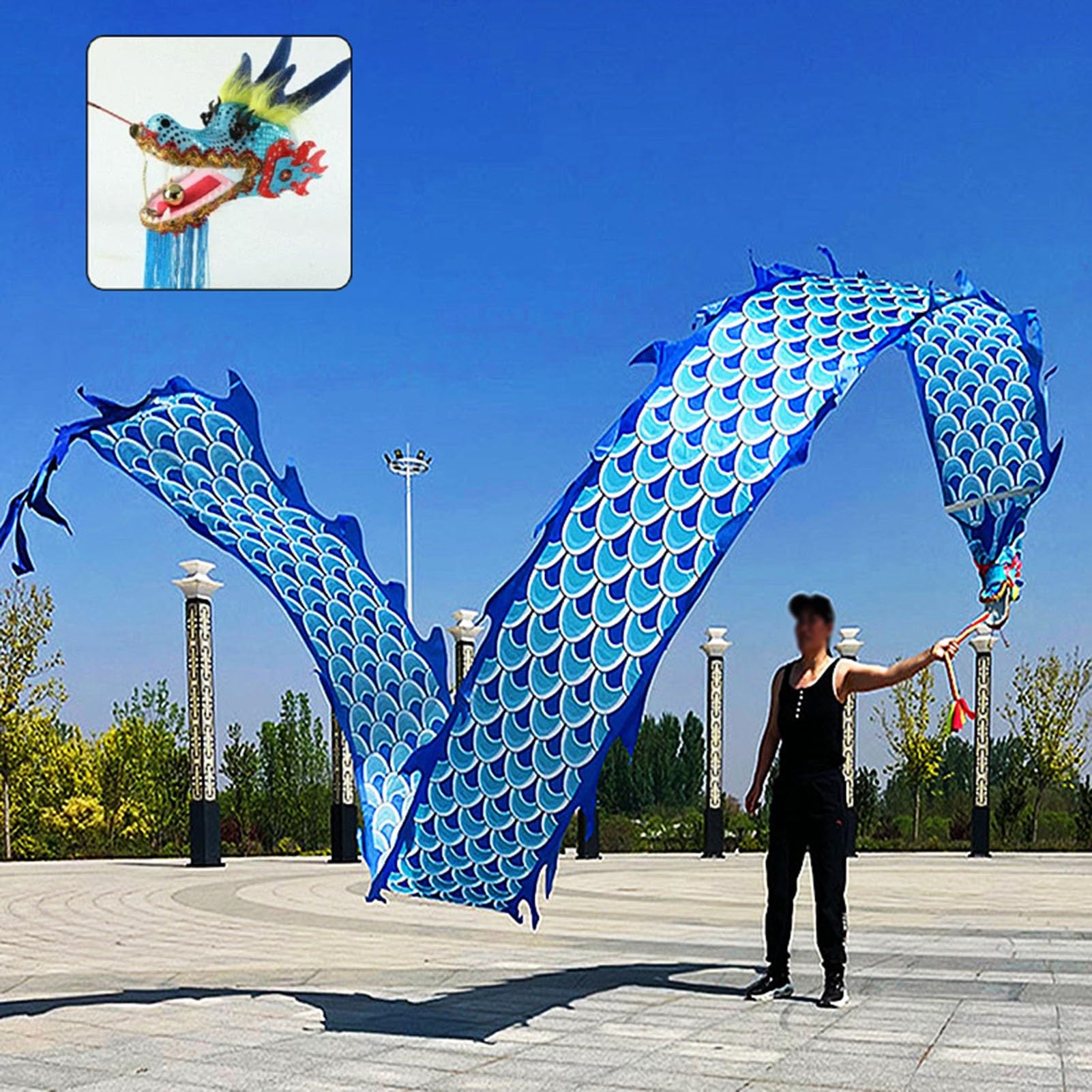 Dragon Poi Outdoor Fitness Dragon Poi Spinning Ribbons, Gymnastiktraining Dragon Flinging Ribbon, Jonglierdrachen-Streamer mit realistischem Drachenkopf(Blue,8 m (26 ft))