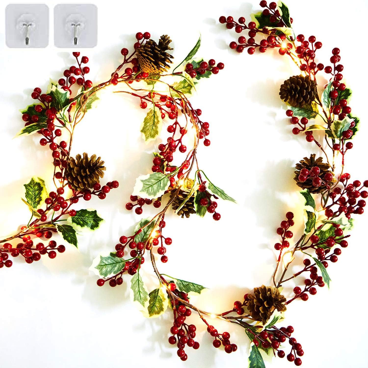 Artificial Christmas Pine Garland with Berries Pinecones Spruce Eucalyptus Leaves Cotton Balls Winter Greenery Garland for Holiday Season Mantel Fireplace Table Runner Centerpiece Décor 6 feet