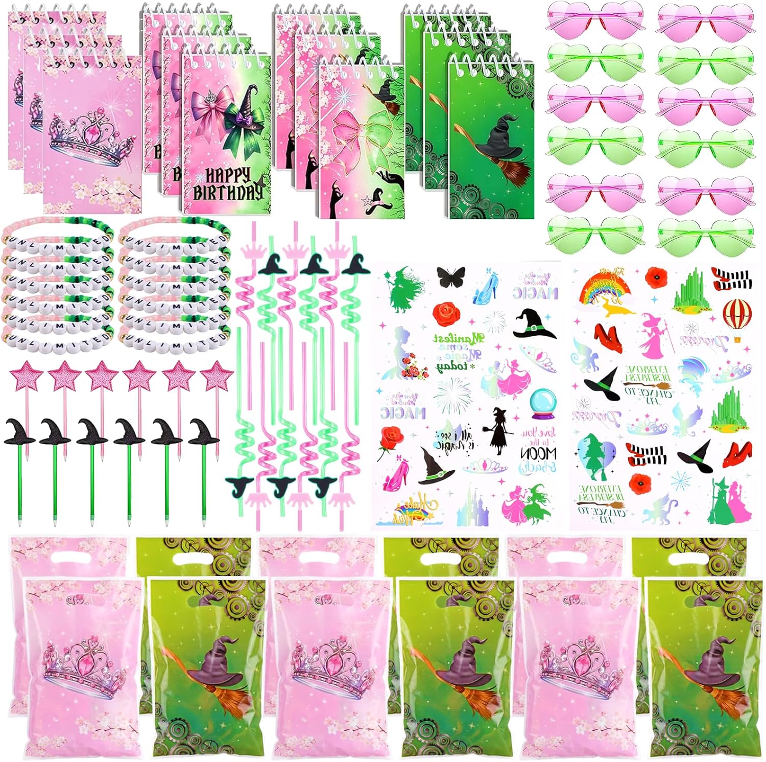 74 Pcs Pink and Green Wicked Party Favors Witch Favor Goodie Bag Stuffers with Sunglasses, Notepad, Temporary Tattoos, Bracelets for Kids Girls Princess Witch Themed Birthday Party Decorations