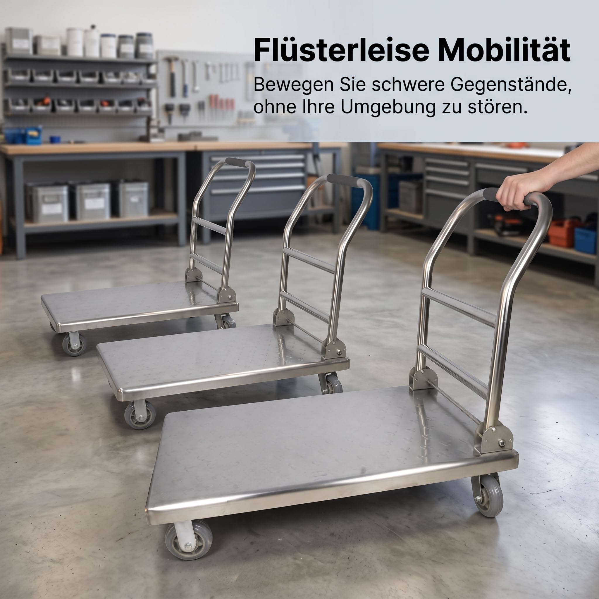 Edelstahl Plattformwagen faltbar, klappbar Transportwagen mit Bremse für Wkstatt & Lag, Edelstahl klappbar, 6 Zoll kraftsparende Räder, 100 cm x 60 cm