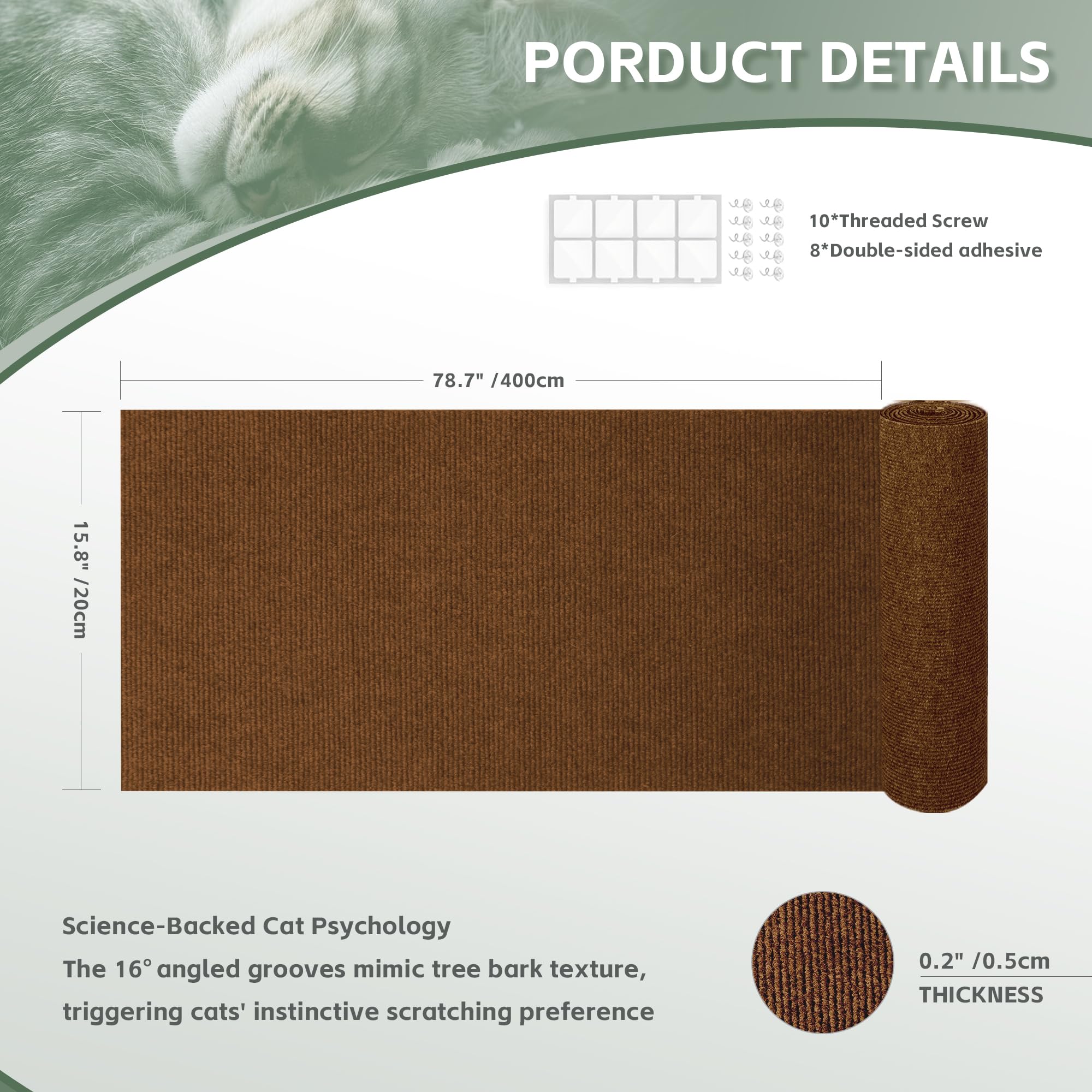 Cat Scratch Furniture Protector, Trimmable Self Adhesive Climbing Cat Scratching Mat,DIY Cat Tree Shelf and Post Mat Protector Claws Scratching from Couch, Wall, Doors (78.7