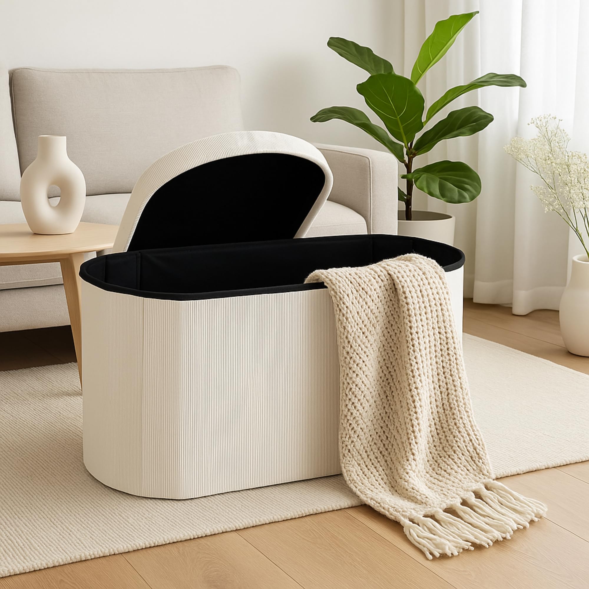 Puff Almacenaje Pana - Baul Almacenaje Dormitorio, Banco Zapatero con Asiento, Taburete Tocador, Puff Salon, Banco Recibidor, Taburete Almacenaje, Otomana, 76x38x38 cm, Blanco