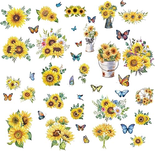 CRASPIRE 8 hojas de 8 estilos de calcomanías de girasol para ventana con temática de primavera y verano, calcomanías de mariposa para ventana,