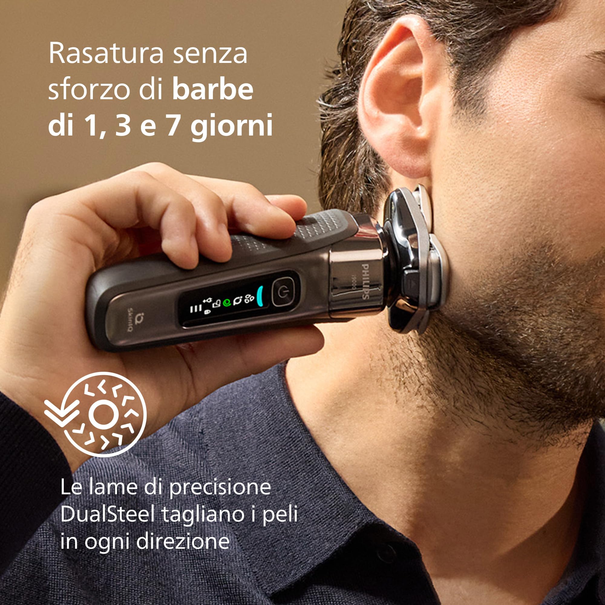 Philips Shaver i9000, rasoio elettrico Wet & Dry, con tecnologia Skin IQ, triplo sistema di sollevamento e taglio, doppie lame di precisione SteelPrecision rotanti a 360°, modello X9002/30
