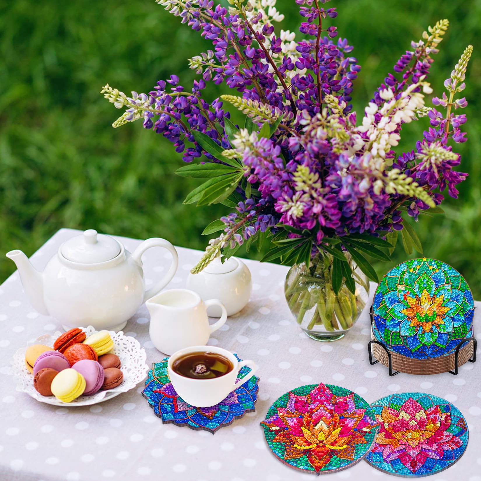 8 Pcs Posavasos Diamond Painting de Flores, Posavasos con Pintura Diamantes con Soporte, Posavasos de Pintura de Diamantes 5D para Tazas, Copas Vino, Jarrones, Regalo del día de San Valentín