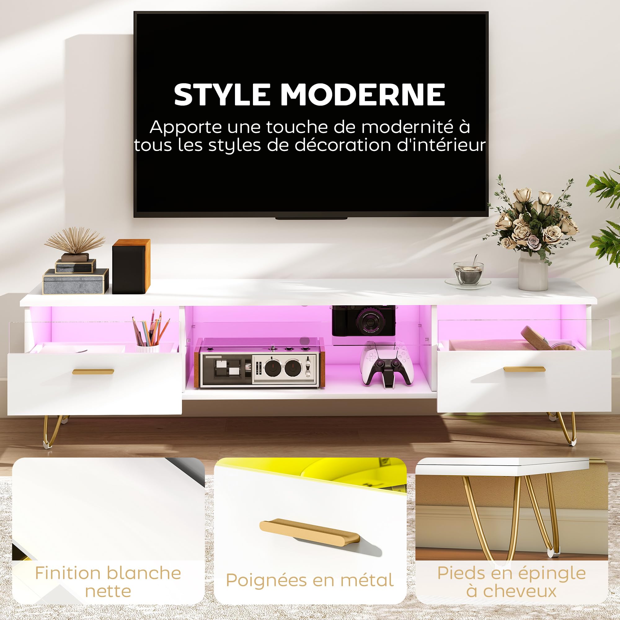 HOMCOM Meuble TV LED RGB 16 Couleurs 42 à 120 Pouces 160x35x42cm Blanc
