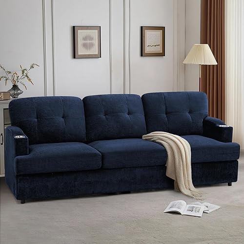 89" Chenille Modern Sofa with Cup Holder, Tufted Upholstered Couch