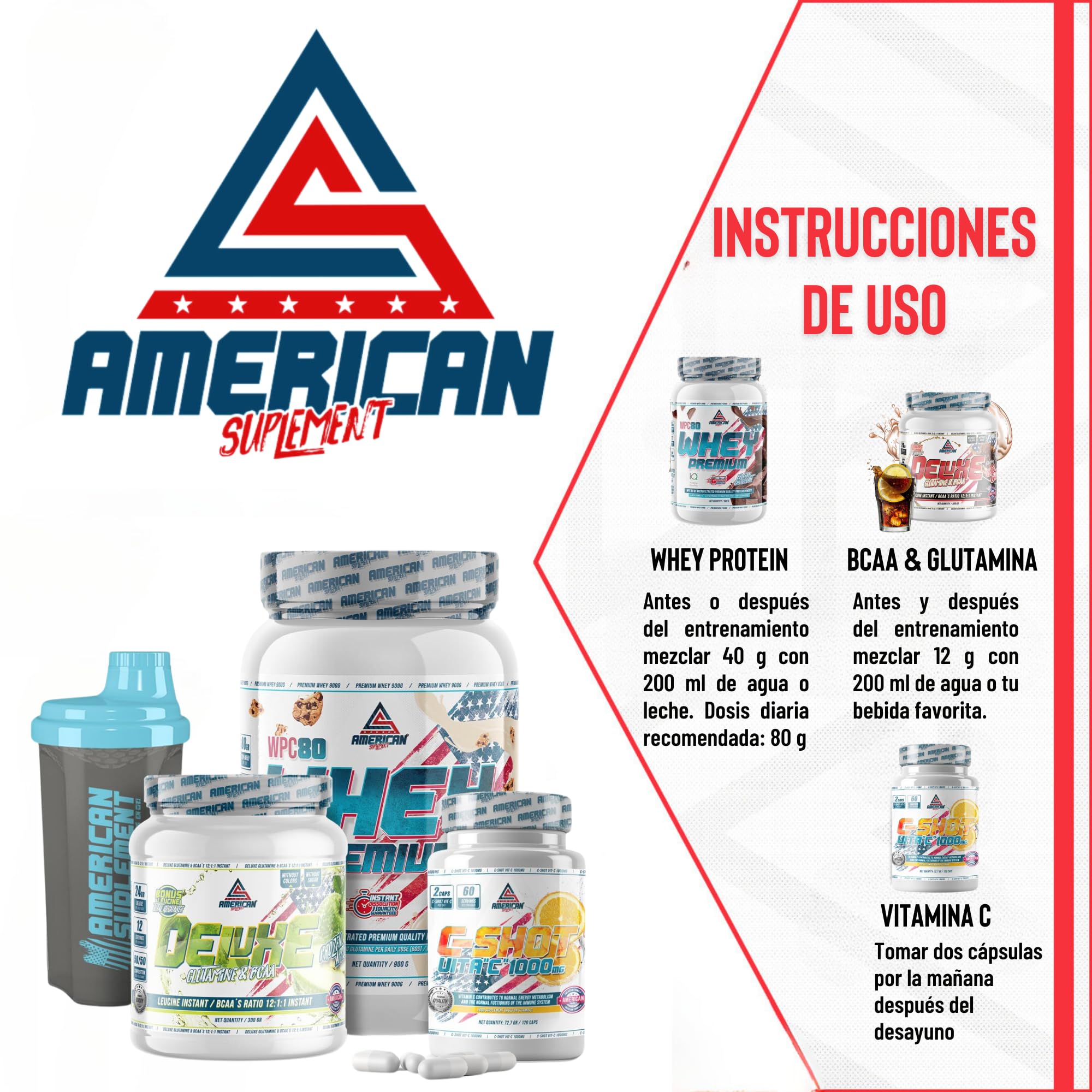 Pack Whey Protein (900g) + Bcaa’s con Glutamina (300g) + Vitamina C | Aumentar Masa Muscular, Recuperación y Fortalecimiento del Sistema Inmunológico | Shaker de Regalo