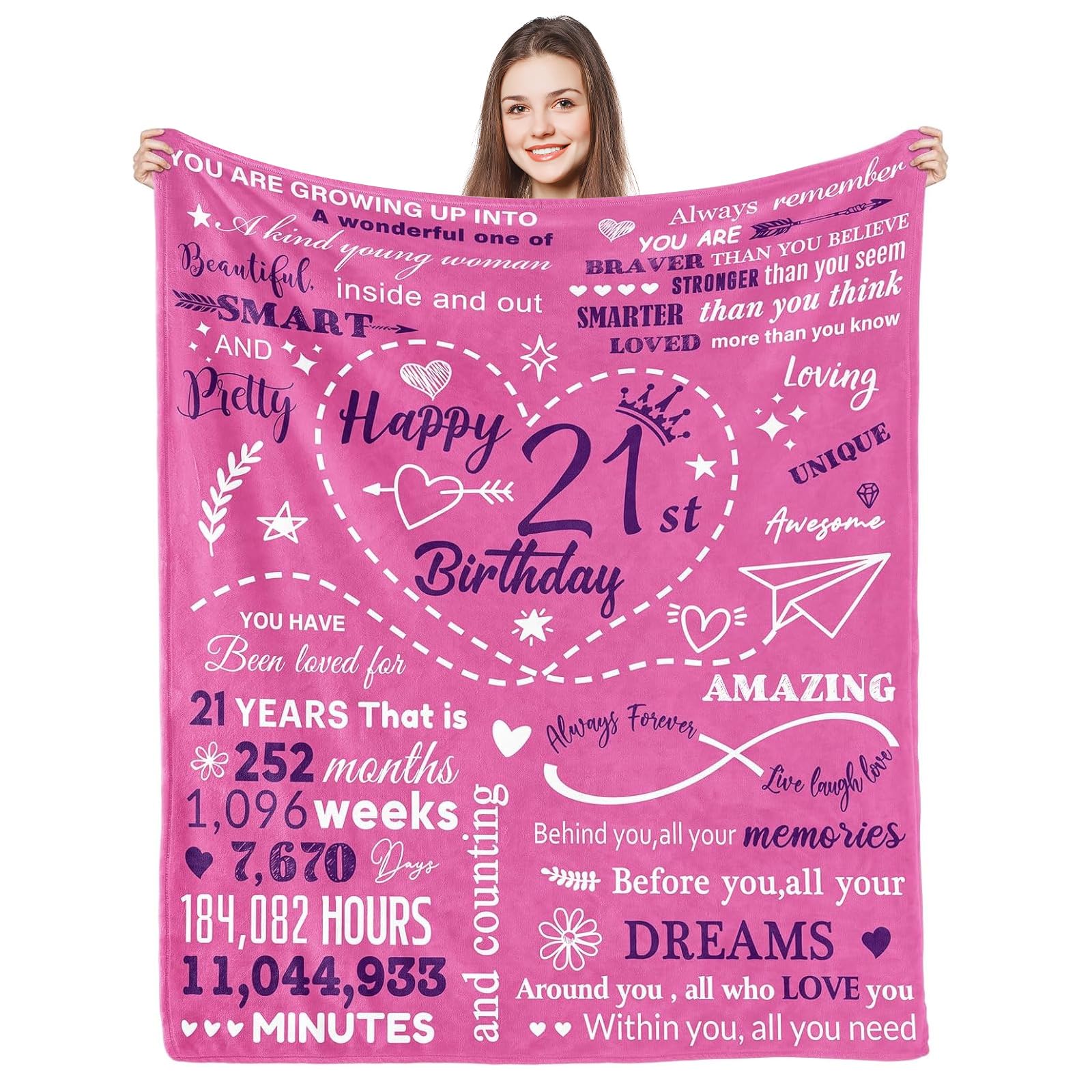 twirush 21th Birthday Gifts for Girls, Birthday Blanket for Women 150x130CM, Gifts for 21st Birthday Female, Christmas Blanket for Girl, Sister, Daughter on Birthday Valentine's Day