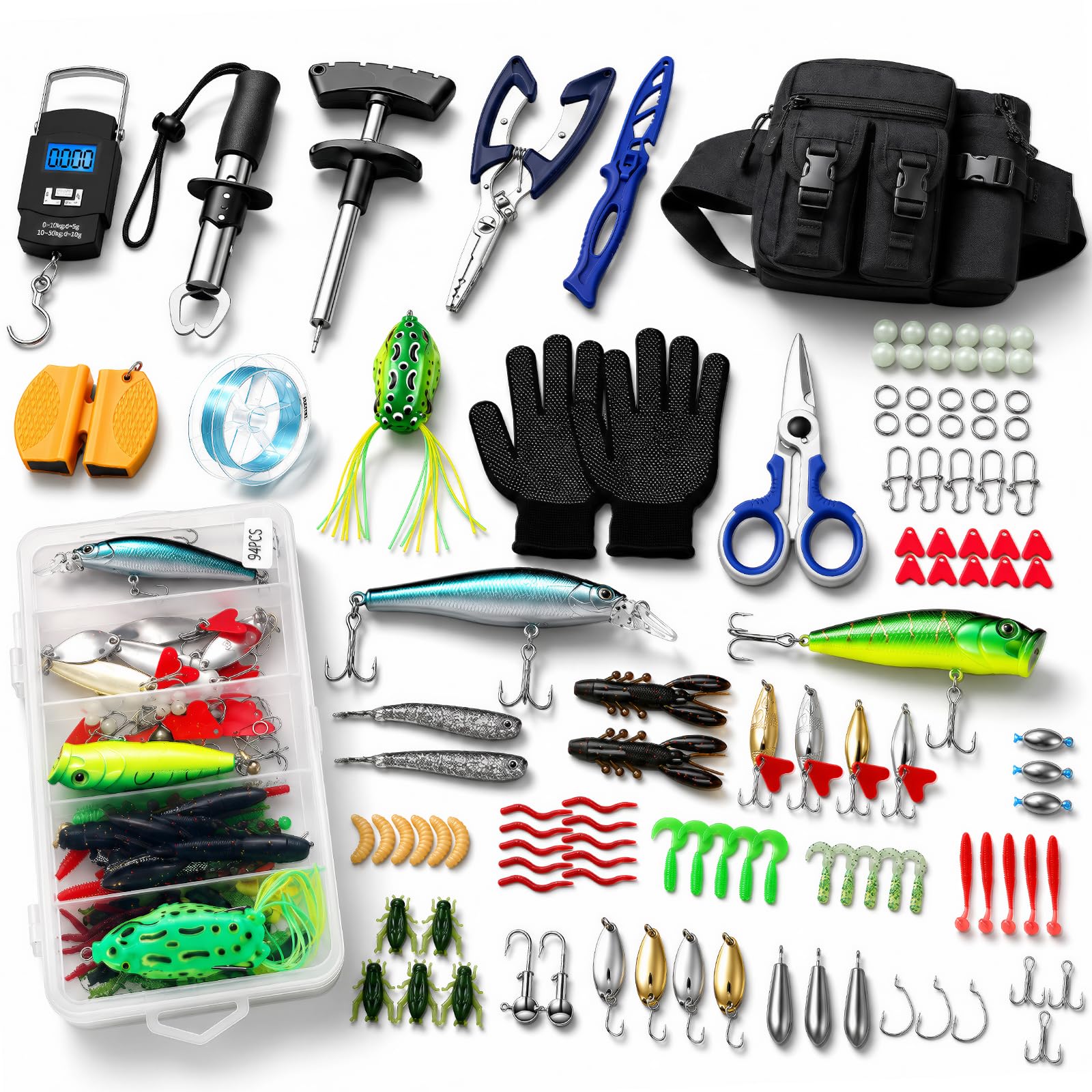 Angelwerkzeug-Set – Angelzangen-Set, 112-teiliges Angelzubehör und Ausrüstung, mit Fischhakenentferner, Angelwaage, Angelschere, Fischlippengreifer, Angelköder