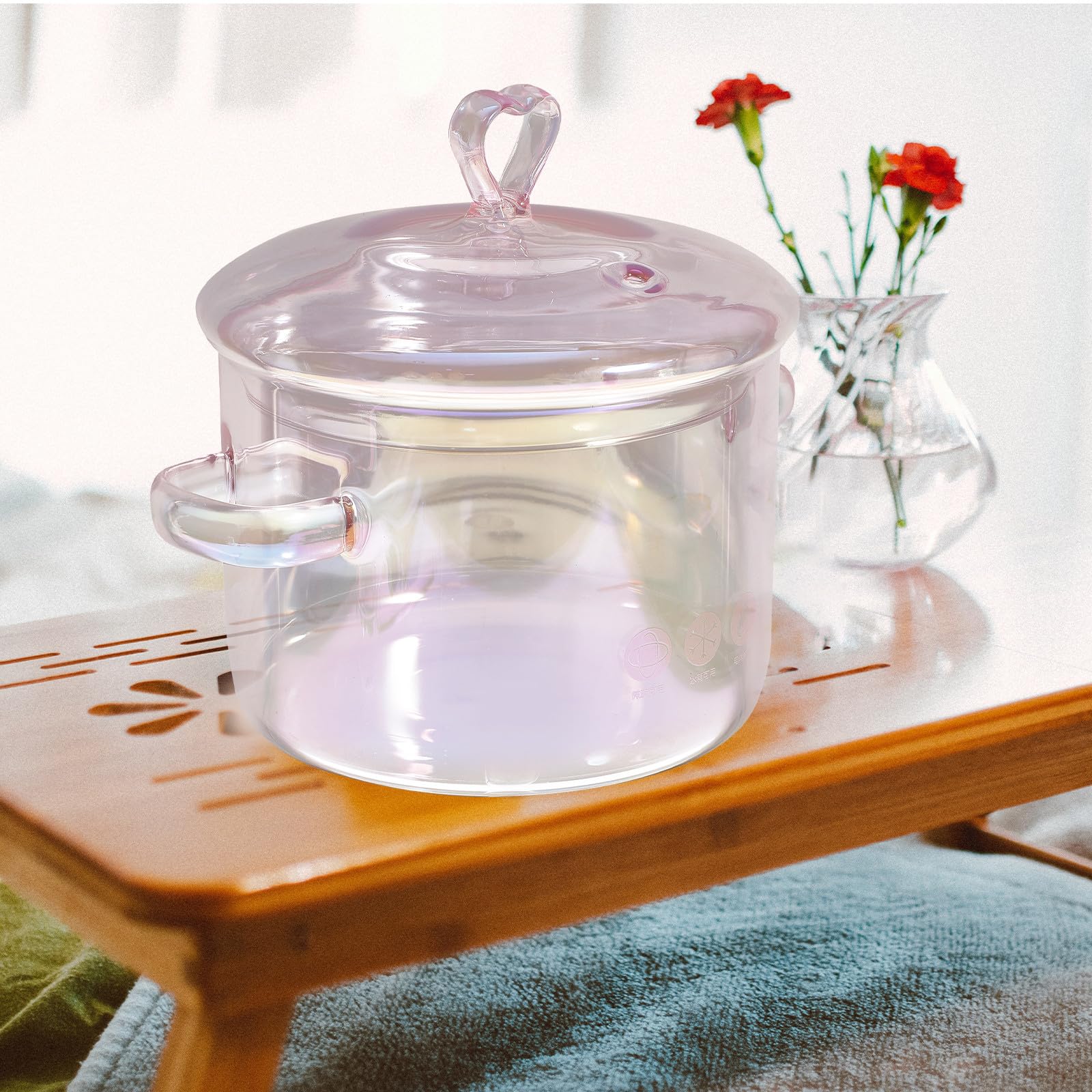 Olla de Vidrio Rosa de 1500ml con Asa y Cuchara para Cocina